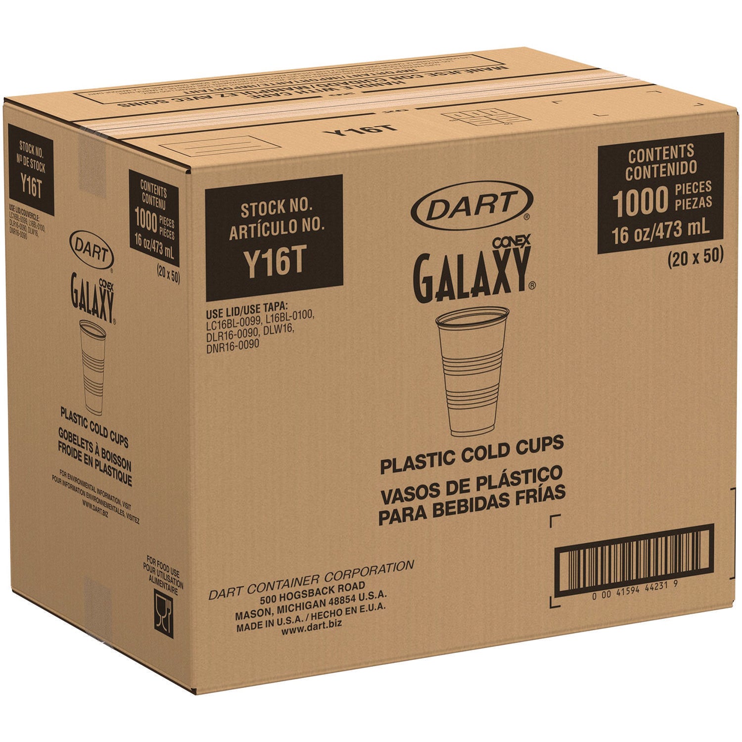 Dart® High-Impact Polystyrene Cold Cups, 16 oz, Translucent, 50 Cups/Sleeve, 20 Sleeves/Carton