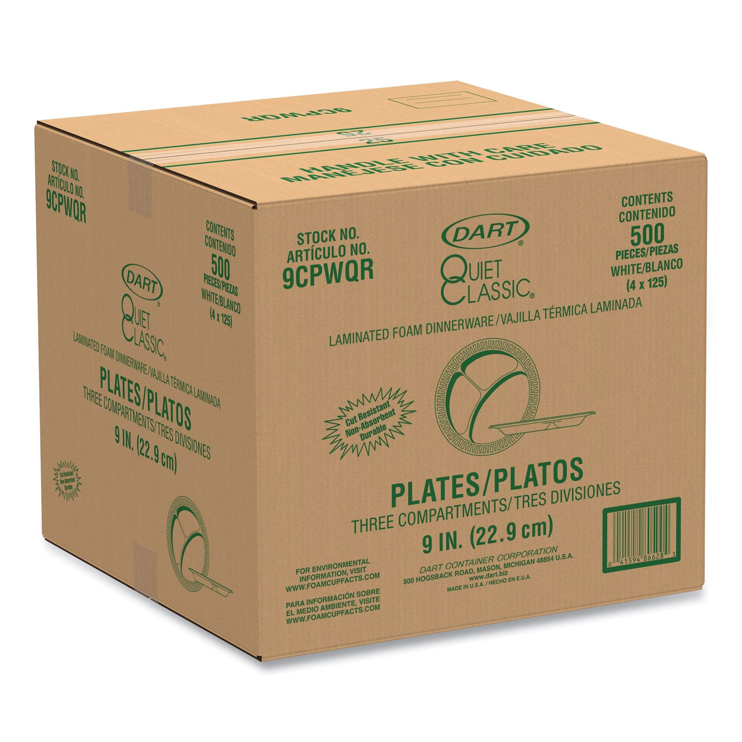 Quiet Classic Laminated Foam Plates, 3-Compartment Plate, 9" dia, White, 125/Pack, 4 Packs/Carton Dart® Flipcost