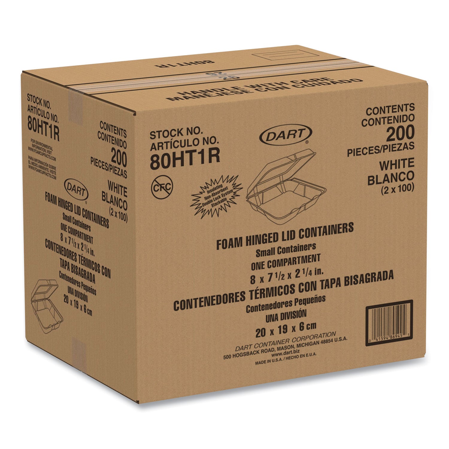 Dart® Foam Hinged Lid Containers, 7.5 x 8 x 2.2, White, 200/Carton