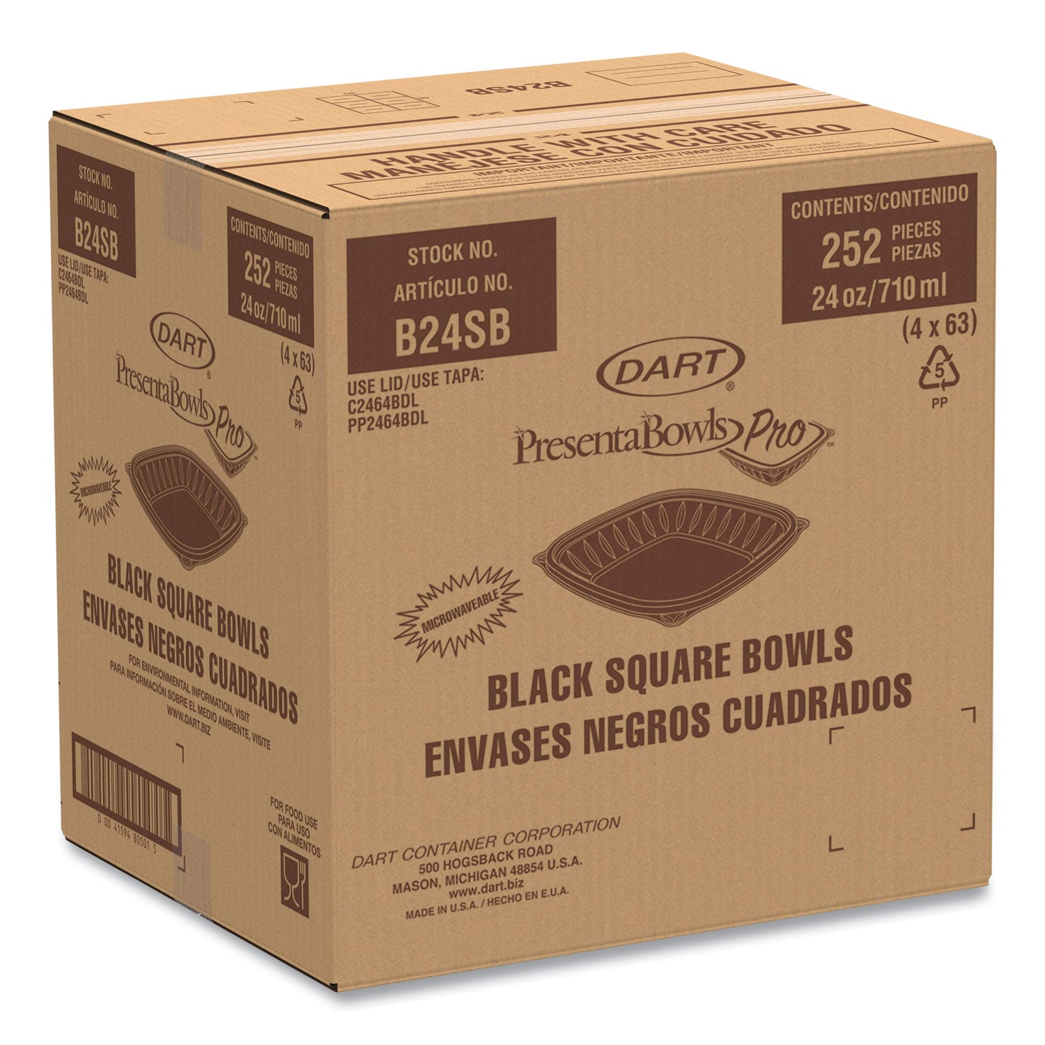 Dart® PresentaBowls Pro Black Square Bowls, 24 oz, 8.5 x 8.5 x 1.8, Plastic, 63/Bag, 4 Bags/Carton