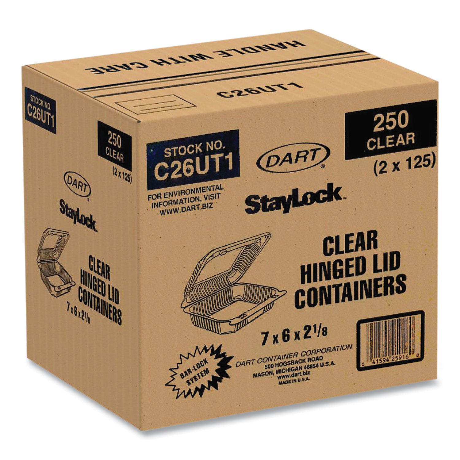 Dart® StayLock Clear Hinged Lid Containers, 6 x 7 x 2.1, Clear, Plastic, 125/Packs, 2 Packs/Carton