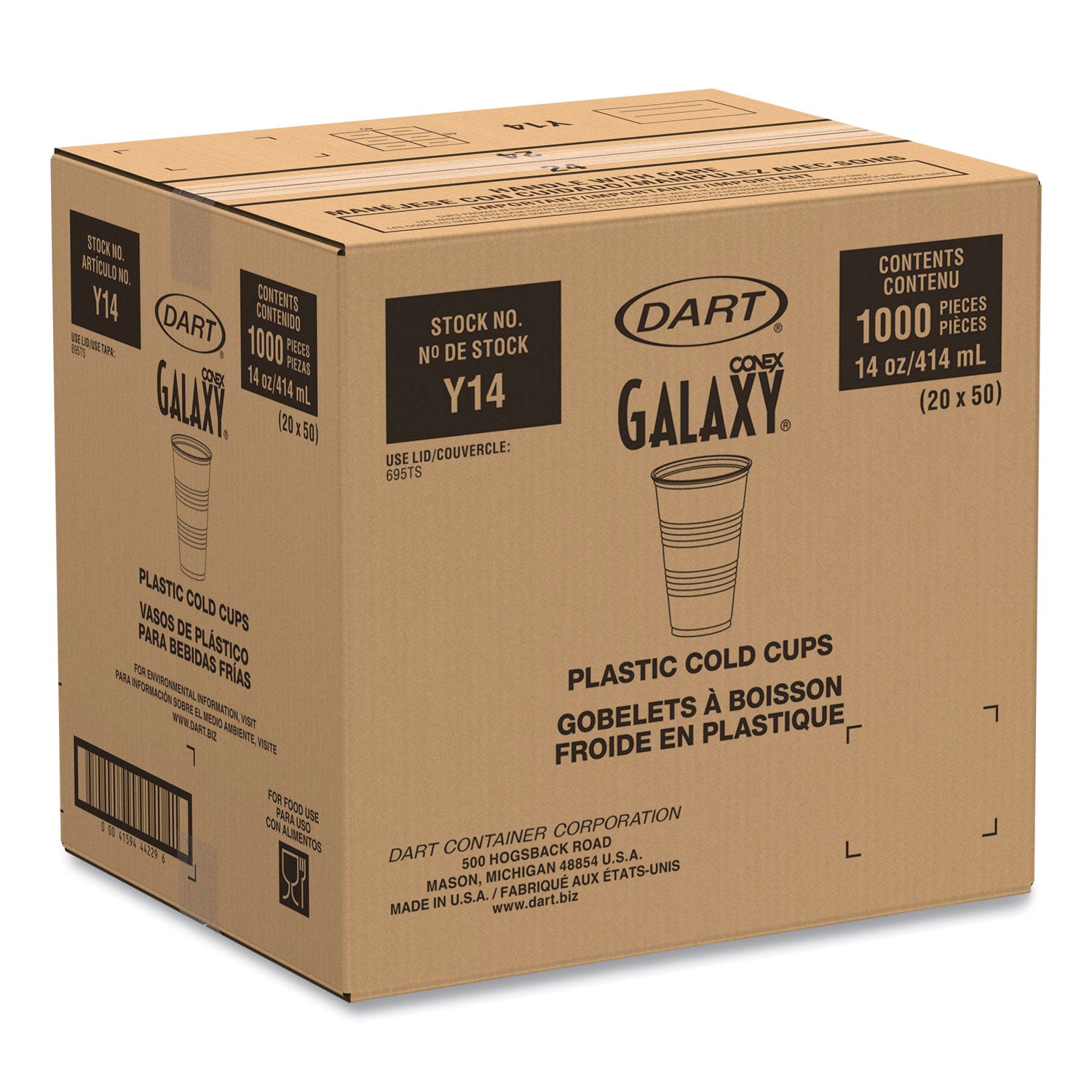 Dart® High-Impact Polystyrene Cold Cups, 14 oz, Translucent, 50 Cups/Sleeve. 20 Sleeves/Carton