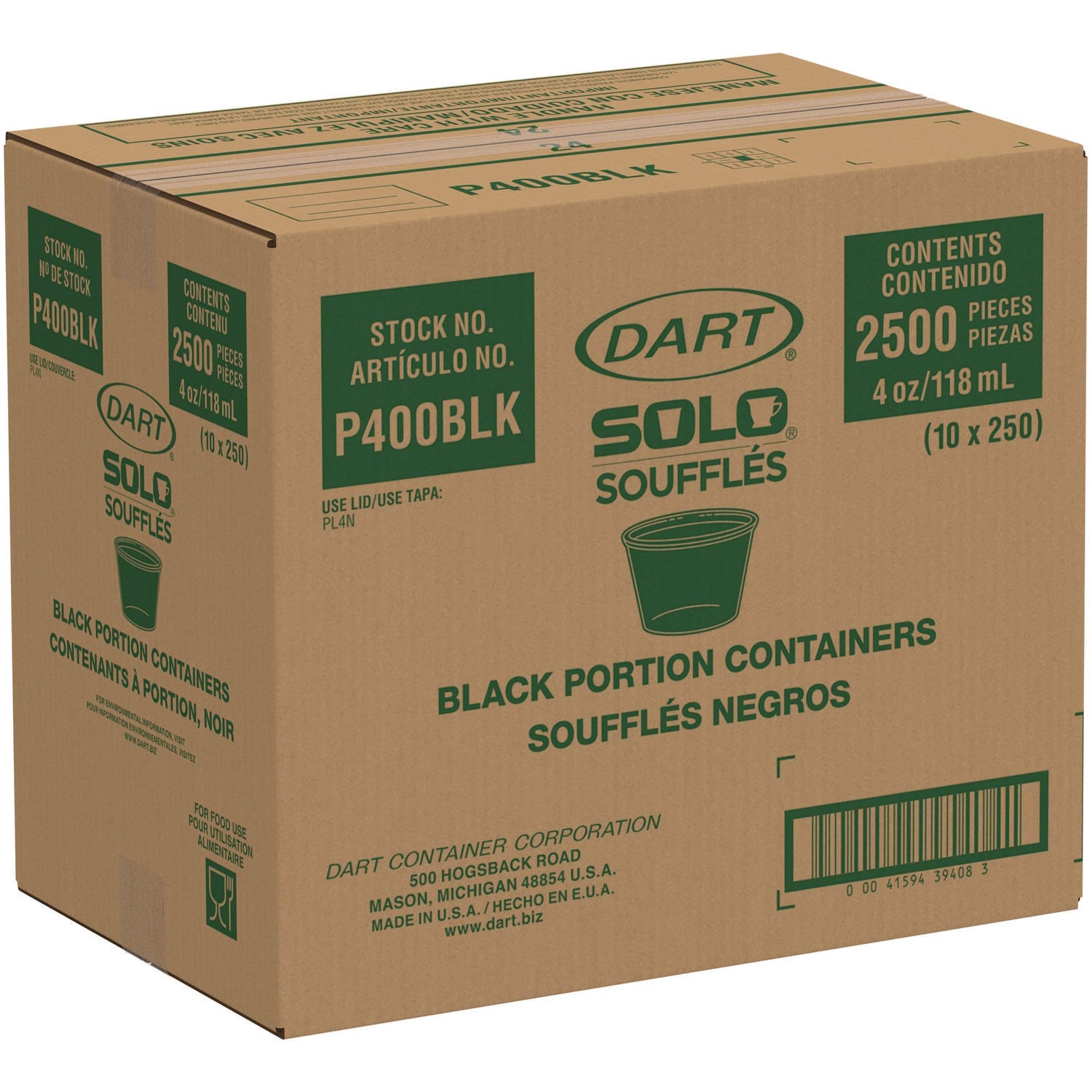 Dart® Polystyrene Portion Cups, 4 oz, Black, 250/Bag, 10 Bags/Carton