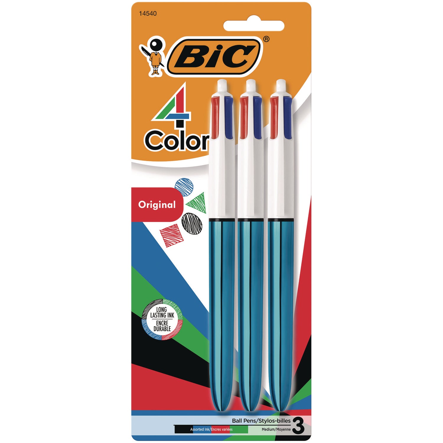 BIC® 4-Color Multi-Color Ballpoint Pen, Retractable, Medium 1mm, Black/Blue/Green/Red Ink, Randomly Assorted Barrel Colors, 3/Pack