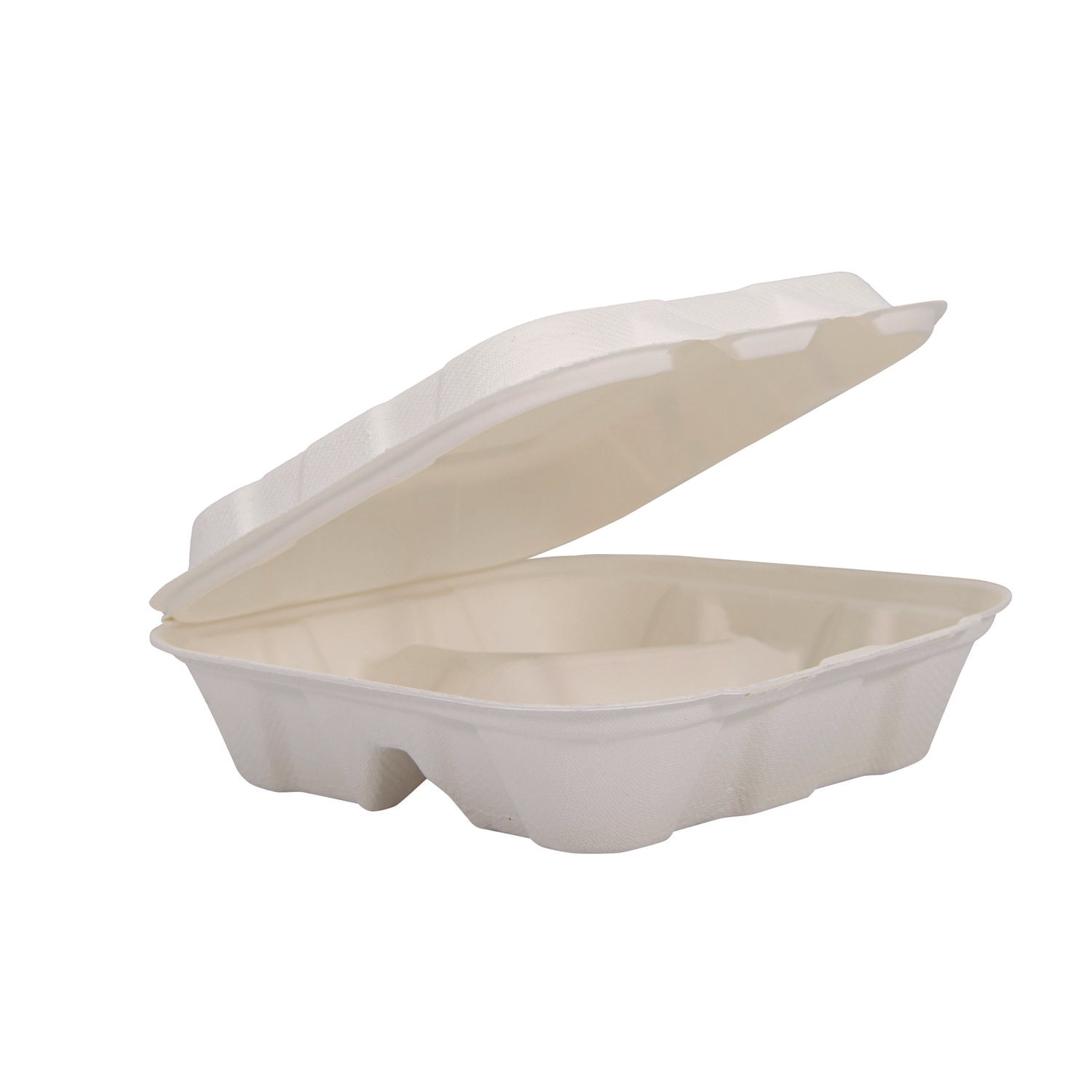 Compostable Fiber Hinged Trays, ProPlanet Seal, 3-Compartment, 8.03 x 8.4 x 1.93, Ivory, Molded Fiber, 200/Carton