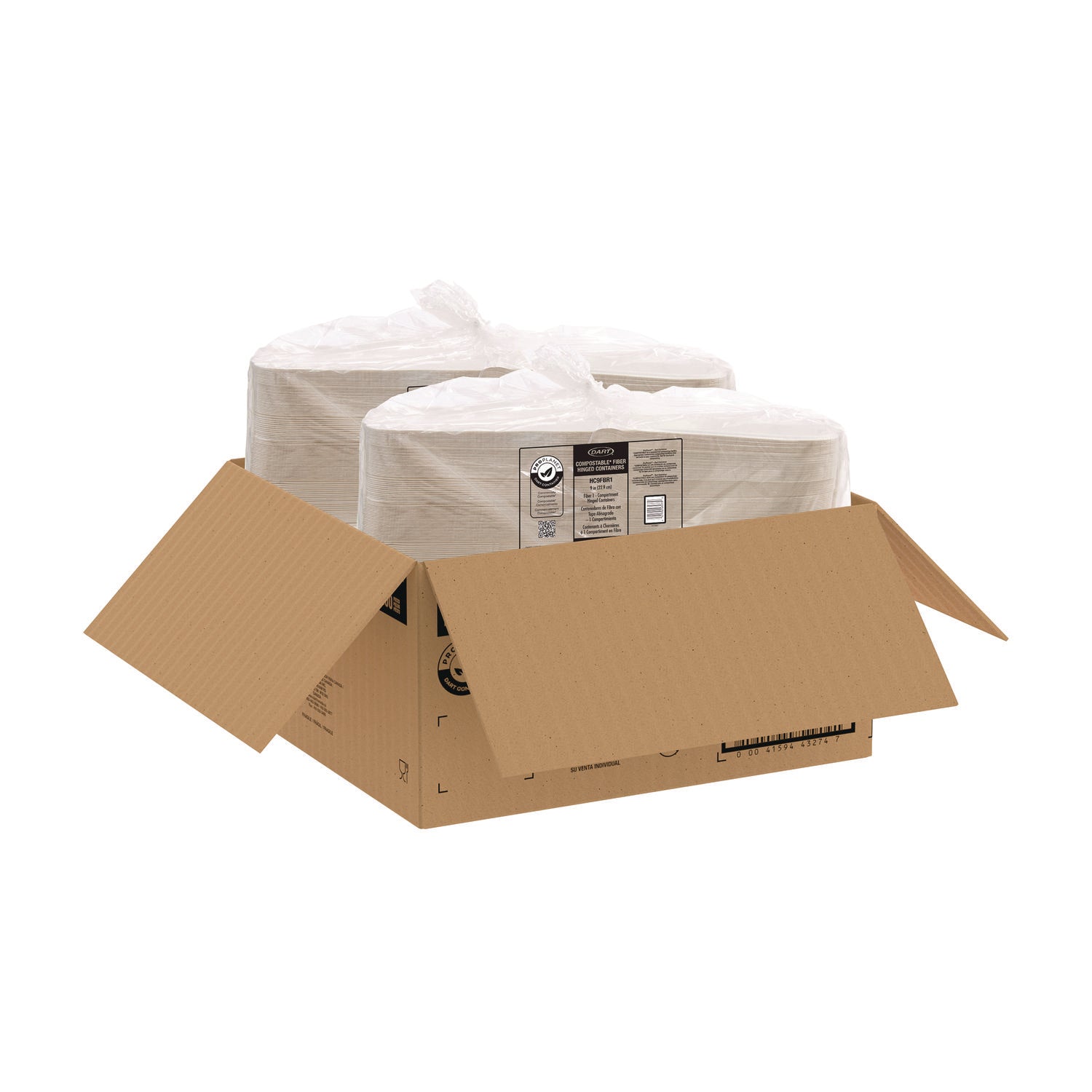 Dart® Compostable Fiber Hinged Trays, ProPlanet Seal, 8.98 x 9.35 x 2.17, Ivory, Molded Fiber, 200/Carton