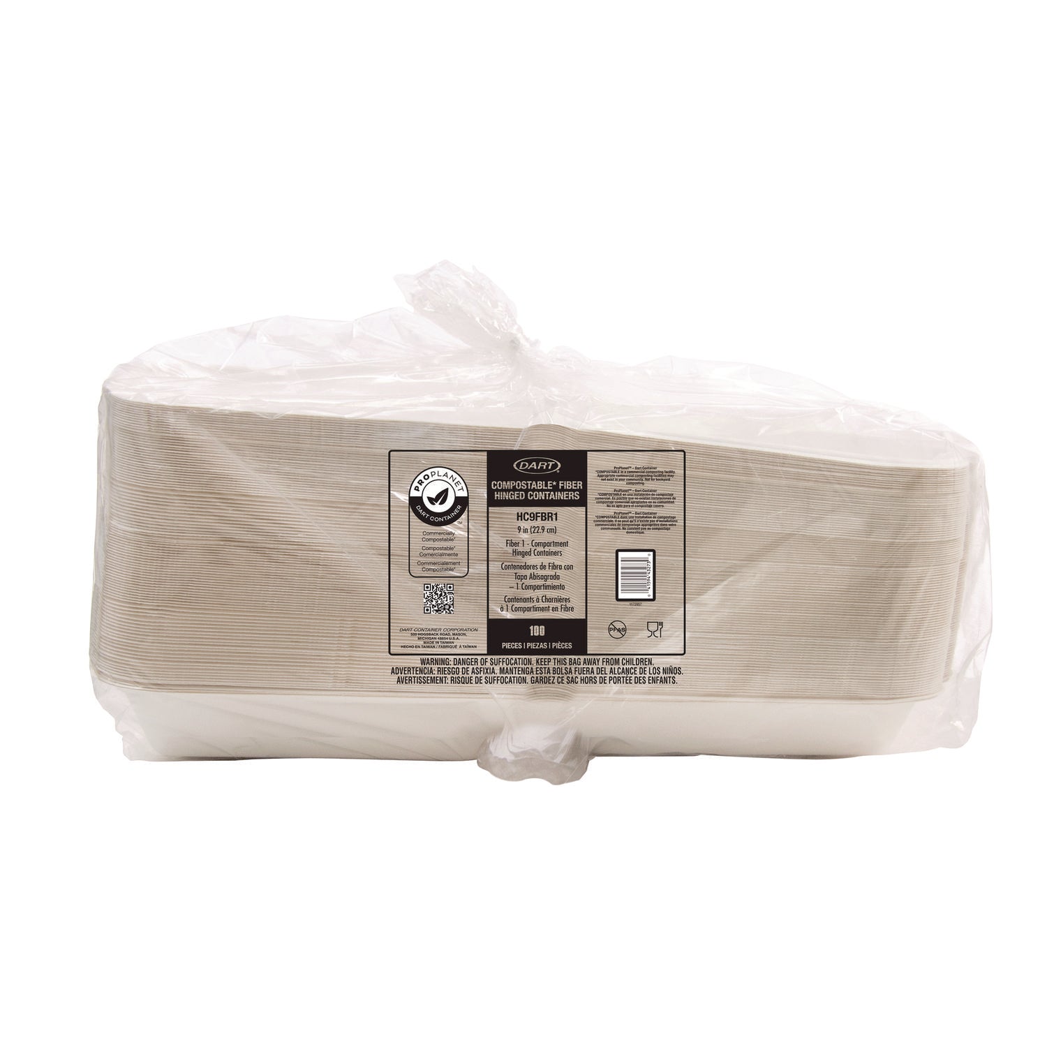 Dart® Compostable Fiber Hinged Trays, ProPlanet Seal, 8.98 x 9.35 x 2.17, Ivory, Molded Fiber, 200/Carton