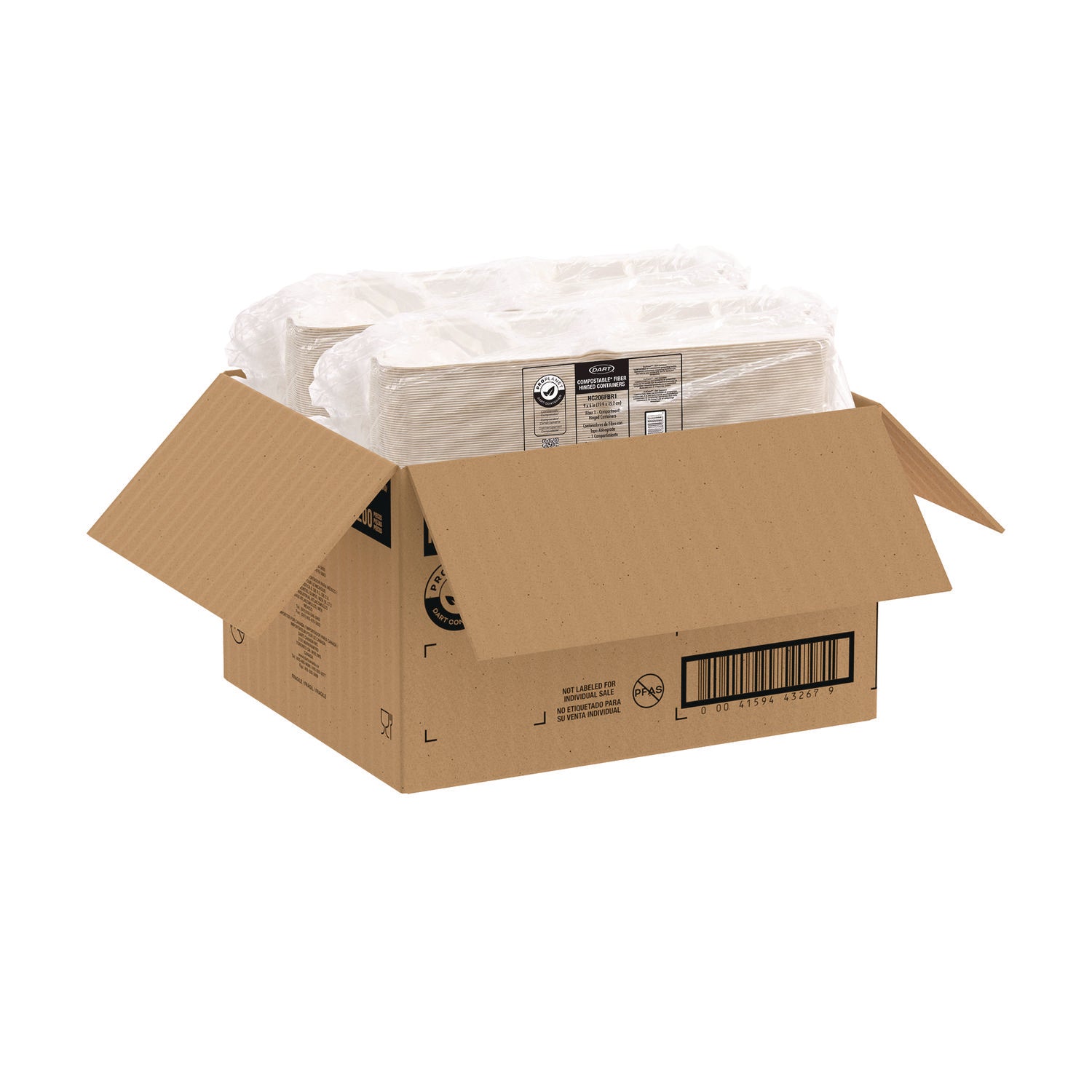 Dart® Compostable Fiber Hinged Containers, ProPlanet Seal, 6.34 x 9.06 x 1.97, Ivory, Molded Fiber, 200/Carton