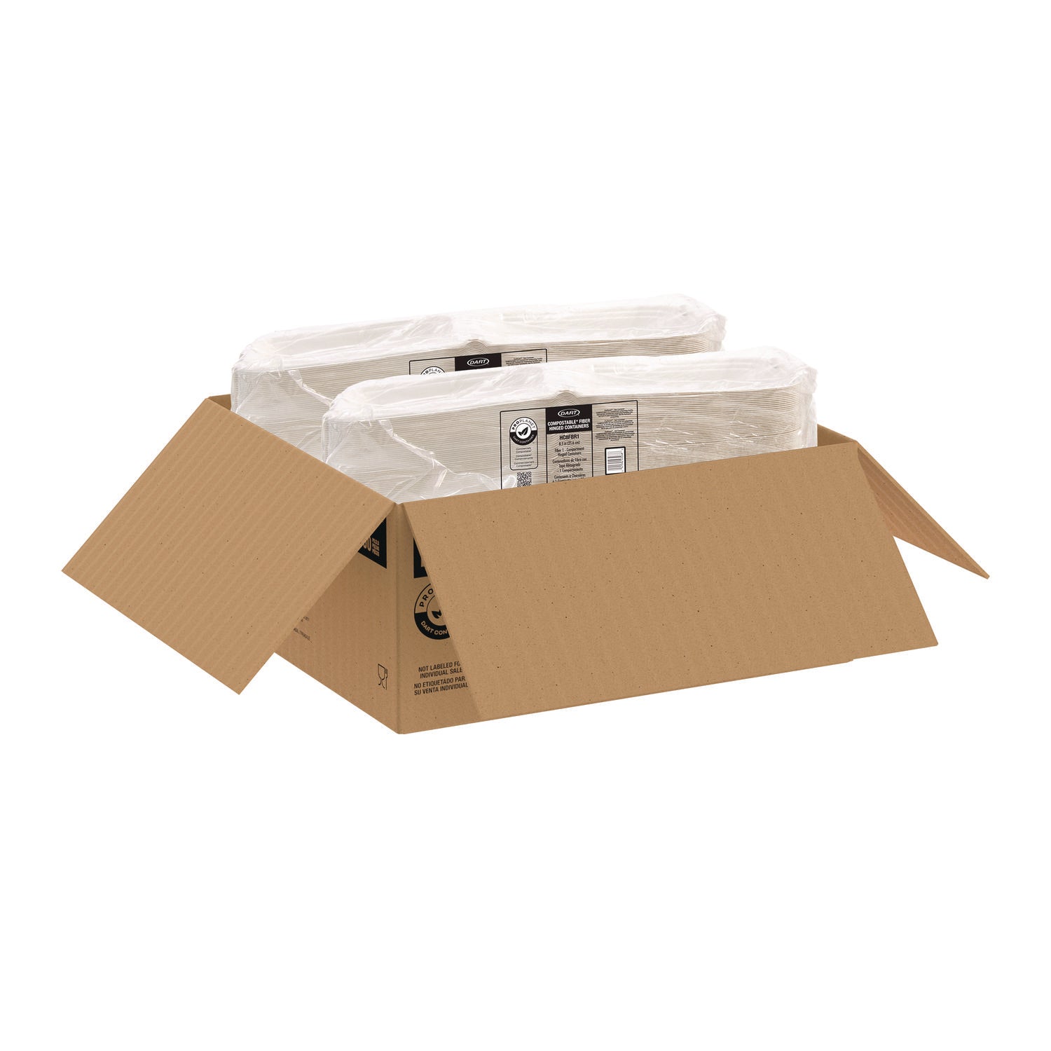 Dart® Compostable Fiber Hinged Trays, ProPlanet Seal, 8.03 x 8.38 x 1.93, Ivory, Molded Fiber, 200/Carton