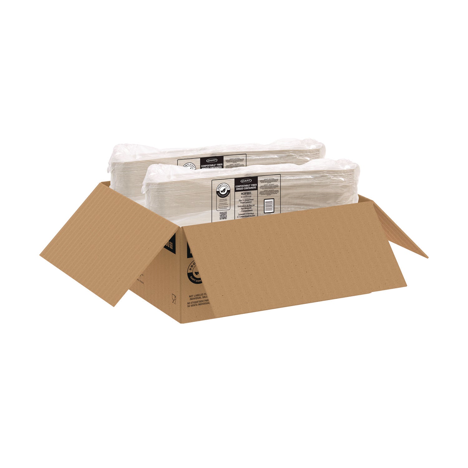 Dart® Compostable Fiber Hinged Trays, ProPlanet Seal, 3-Compartment, 8.03 x 8.4 x 1.93, Ivory, Molded Fiber, 200/Carton