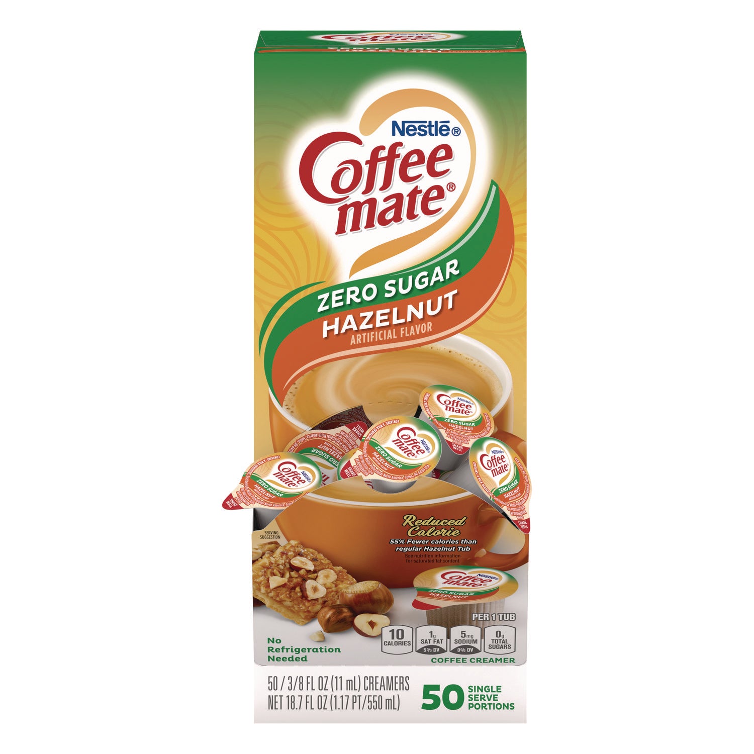 Liquid Coffee Creamer, Zero Sugar Hazelnut, 0.38 oz Mini Cups, 50/Box