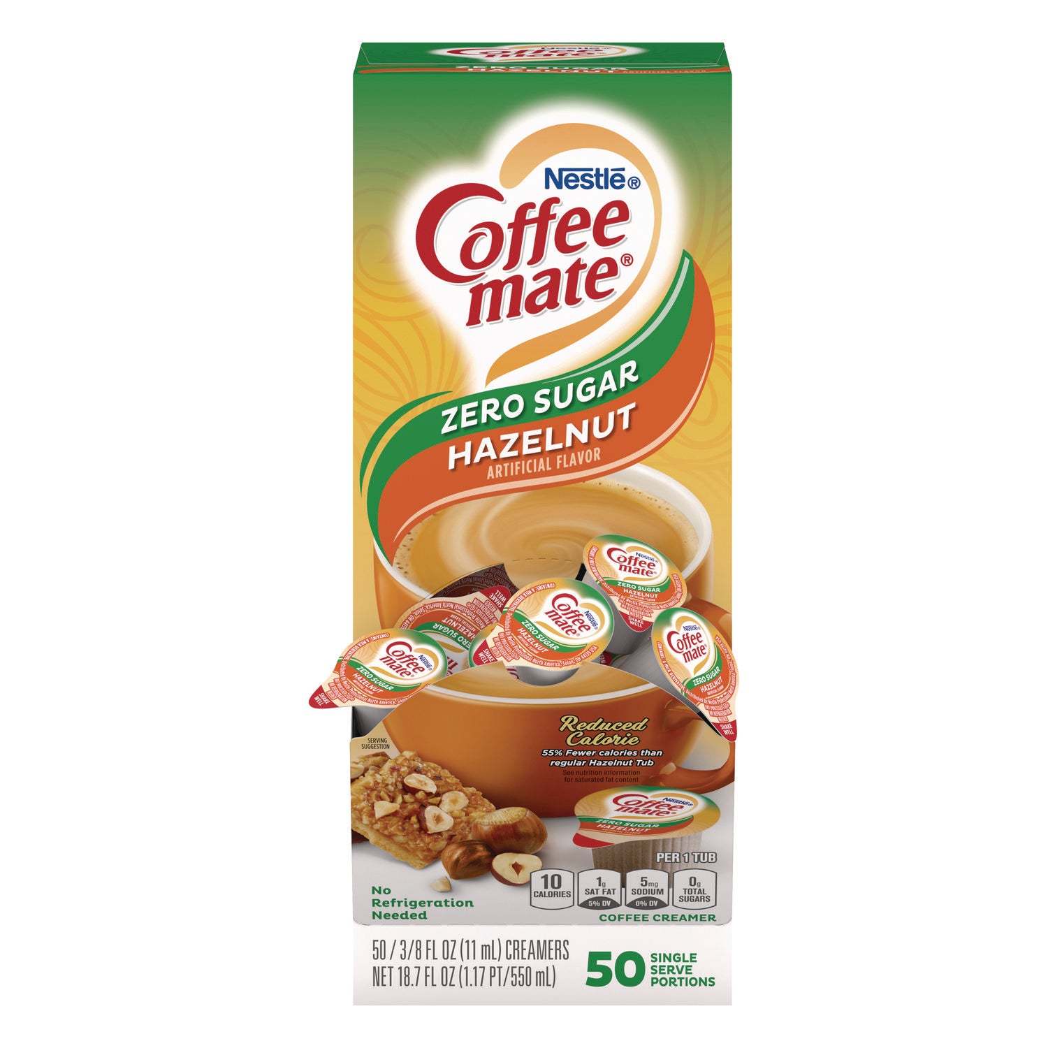 Coffee mate® Liquid Coffee Creamer, Zero Sugar Hazelnut, 0.38 oz Mini Cups, 50/Box, 4 Boxes/Carton