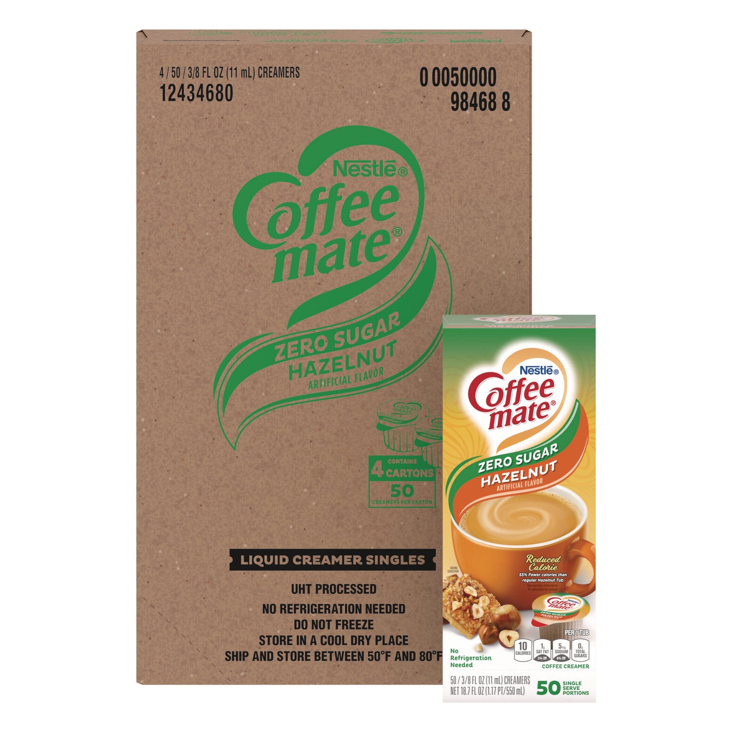 Coffee mate® Liquid Coffee Creamer, Zero Sugar Hazelnut, 0.38 oz Mini Cups, 50/Box, 4 Boxes/Carton