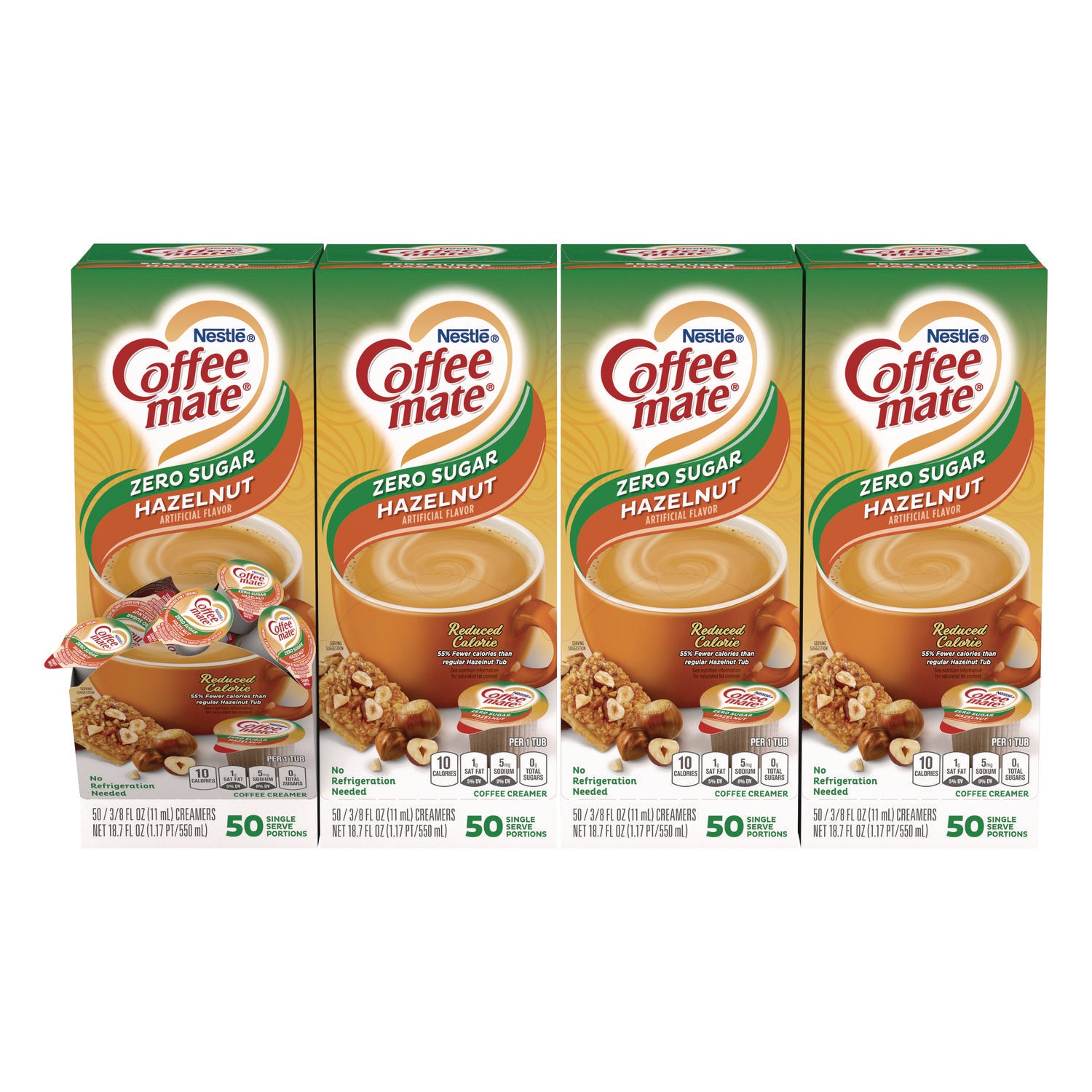 Liquid Coffee Creamer, Zero Sugar Hazelnut, 0.38 oz Mini Cups, 50/Box, 4 Boxes/Carton