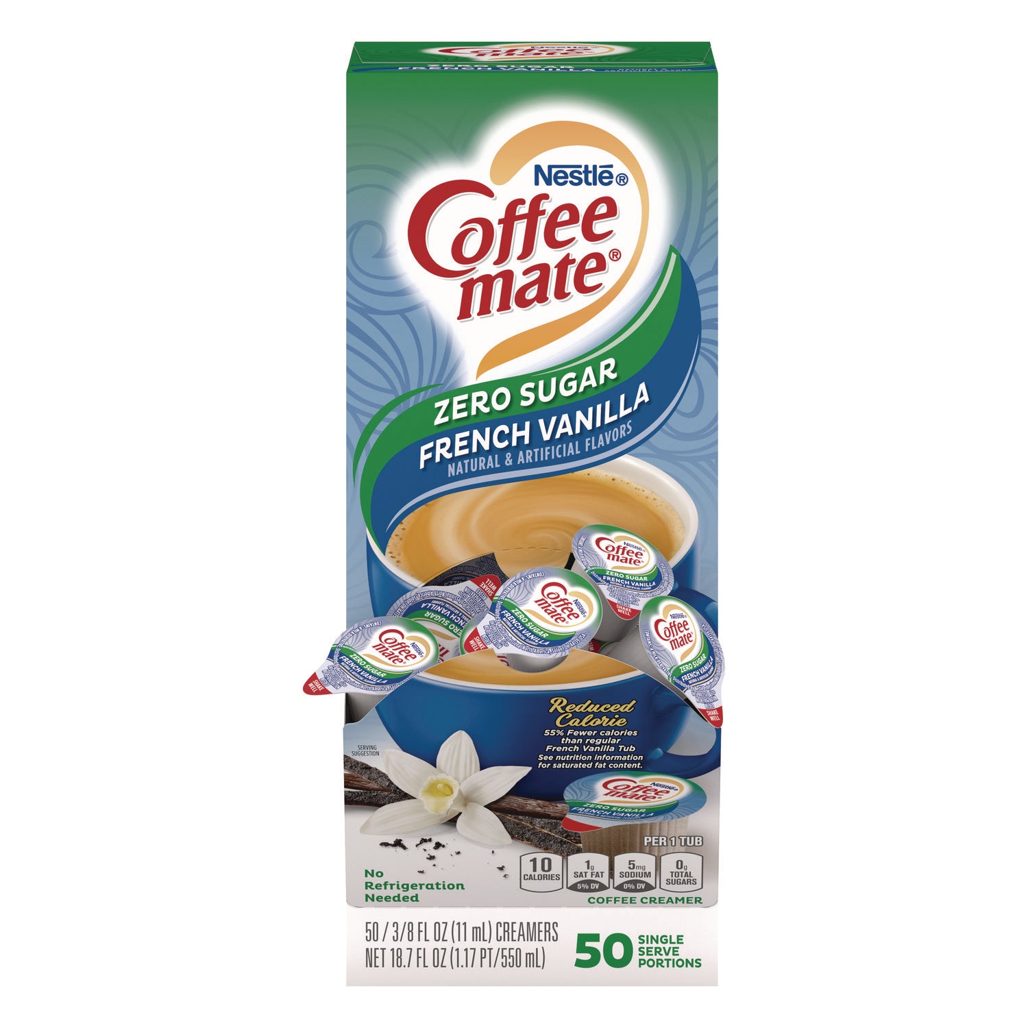 Liquid Coffee Creamer, Zero Sugar French Vanilla, 0.38 oz Mini Cups, 50/Box