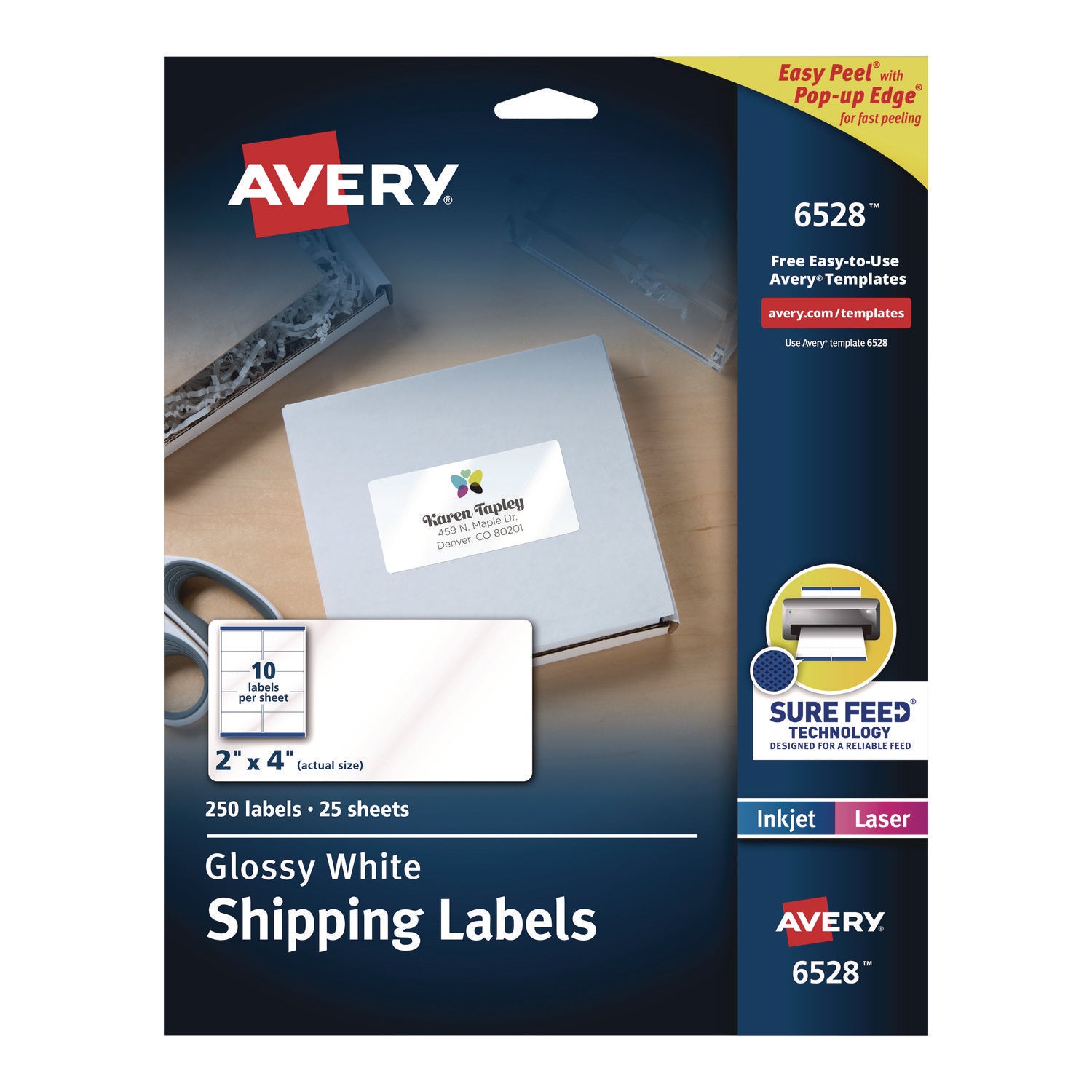 Glossy White Easy Peel Mailing Labels w/ Sure Feed Technology, Laser Printers, 2 x 4, White, 10/Sheet, 25 Sheets/Pack