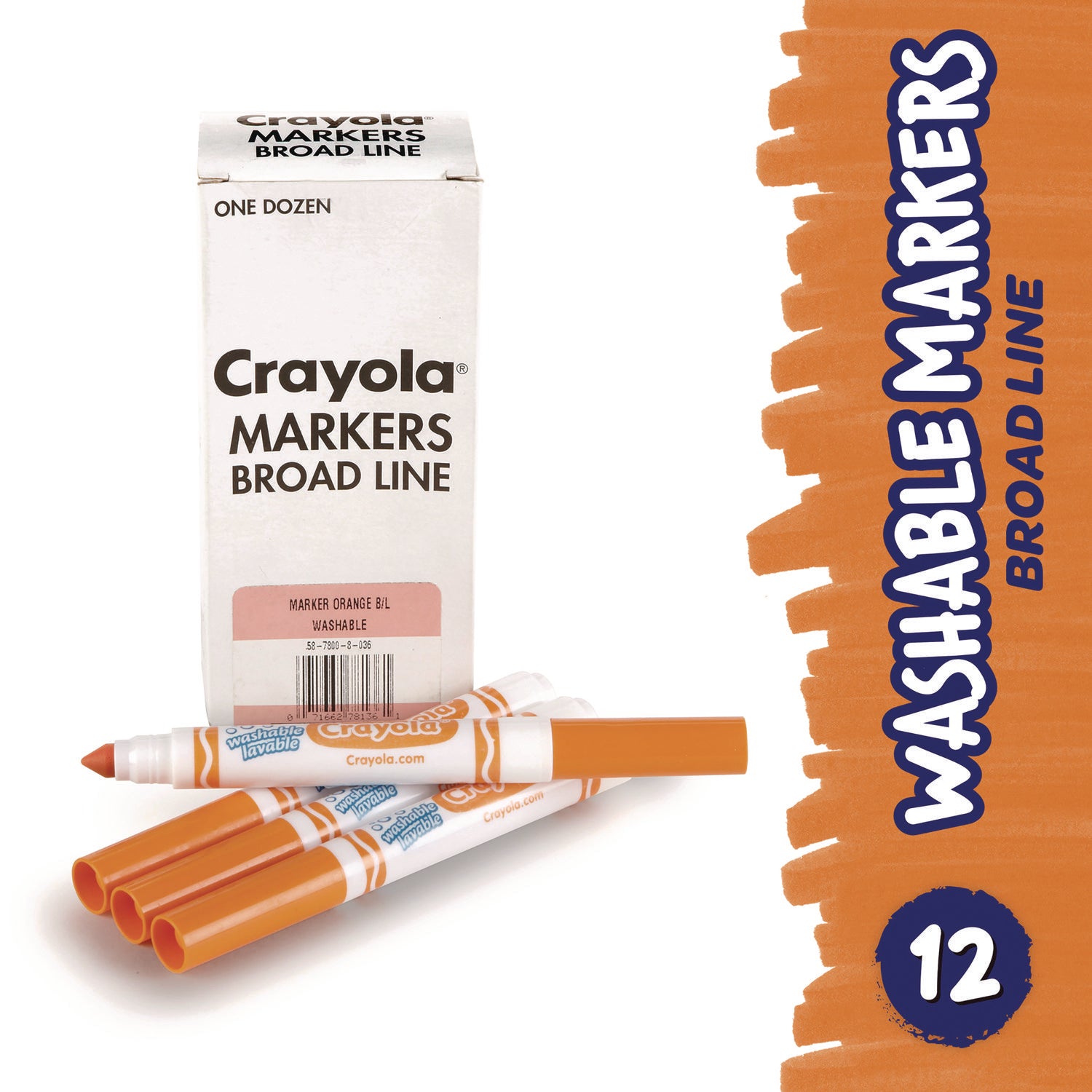 Crayola® Broad Line Washable Markers, Broad Bullet Tip, Orange, 12/Box