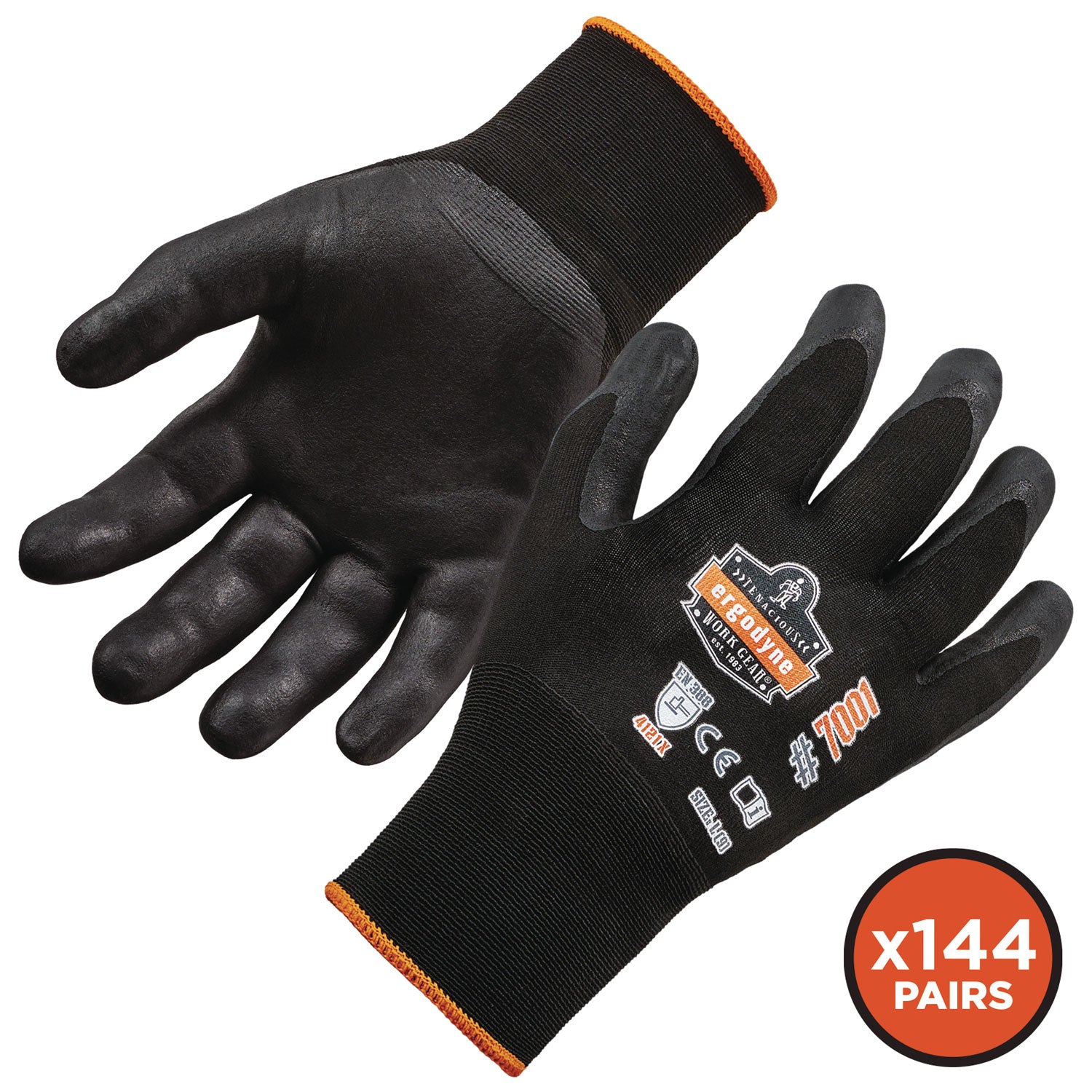 Ergodyne® ProFlex 7001 Nitrile-Coated Gloves, Black, X-Small, 12 Pairs