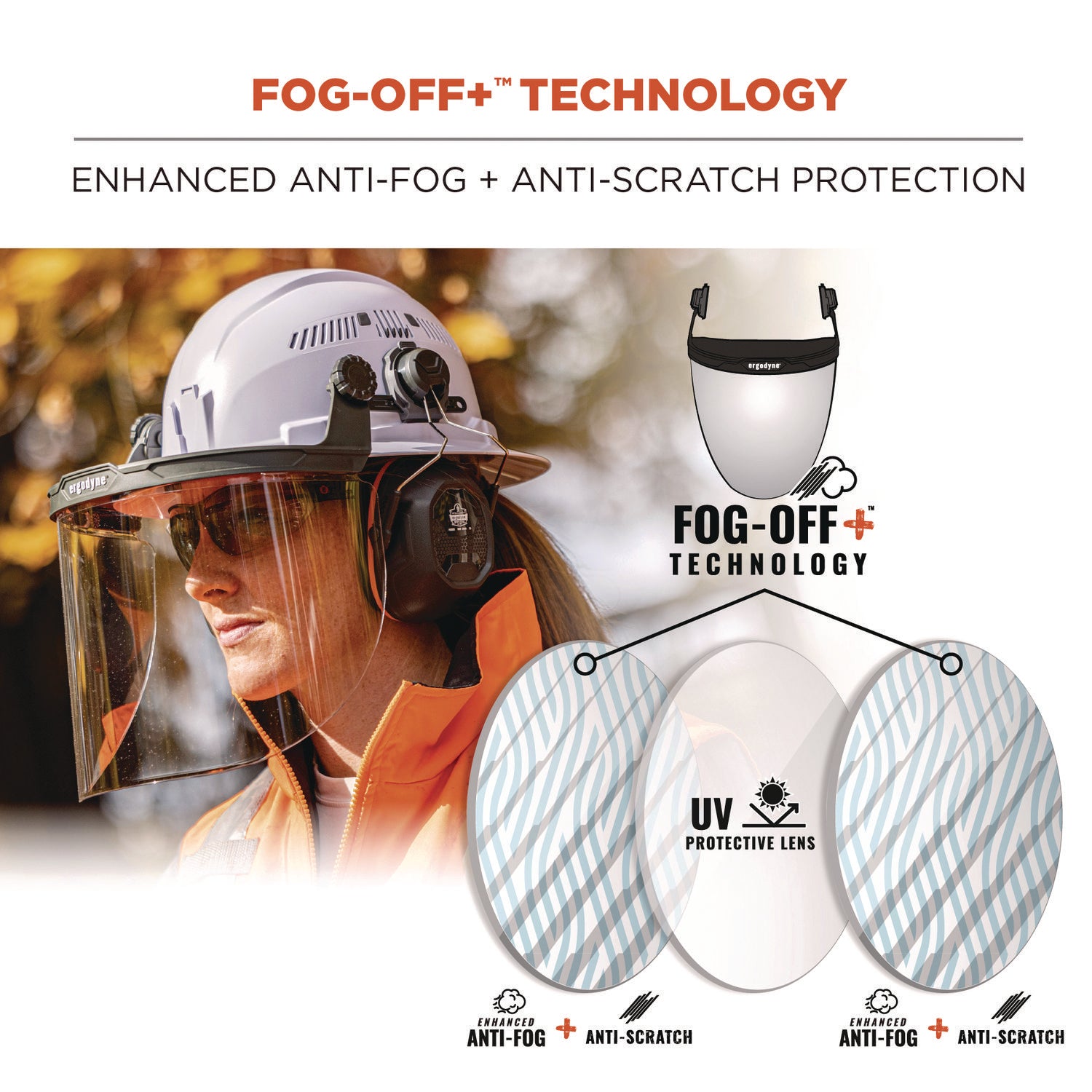 Ergodyne® Skullerz 8998 Anti-Scratch/Anti-Fog Face Shield Replacement for Full Brim Hard Hat, Clear Lens