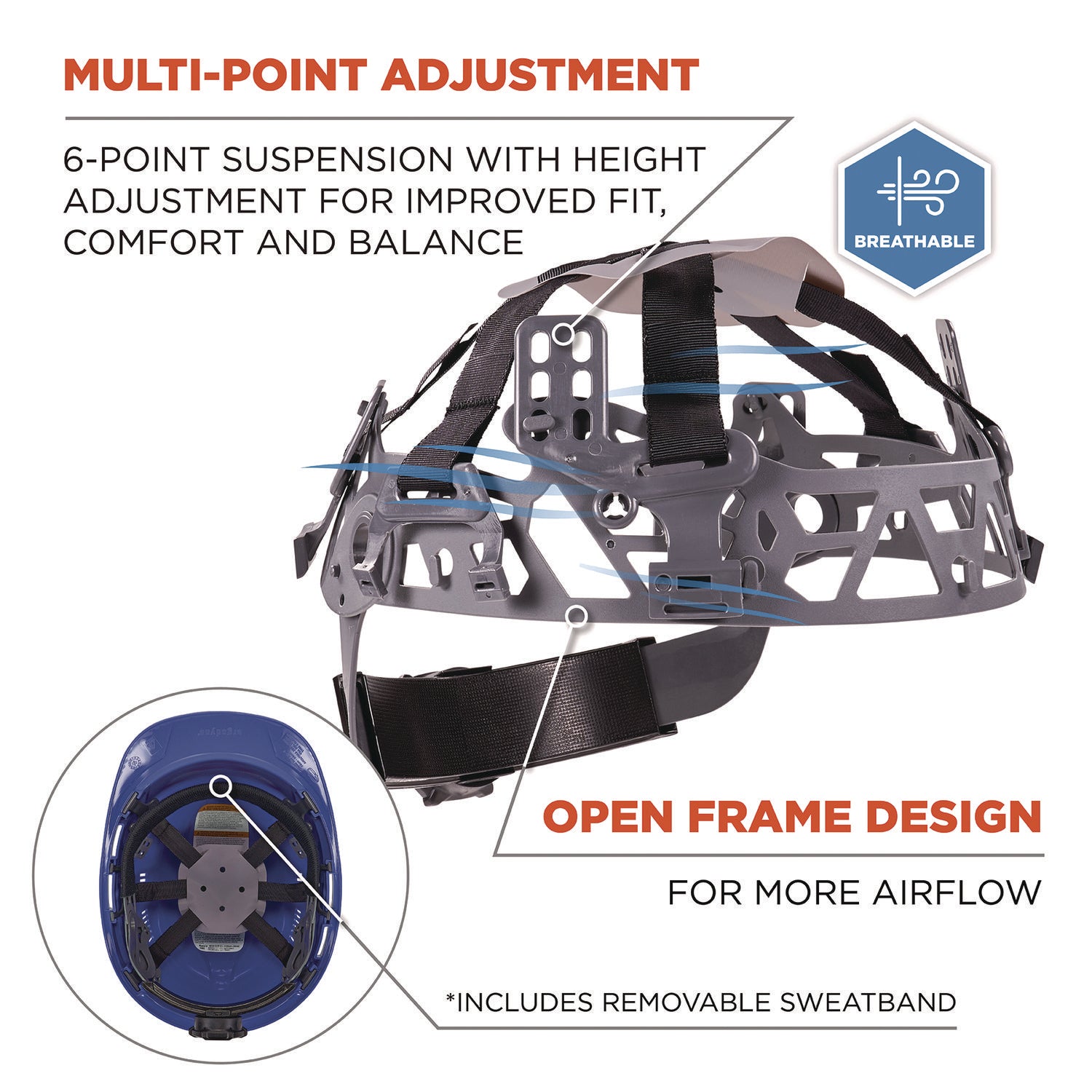 Ergodyne® Skullerz 8966 Class C Lightweight Cap-Style Hard Hat, Adjustable Venting, 6-Point Rachet Suspension, Blue