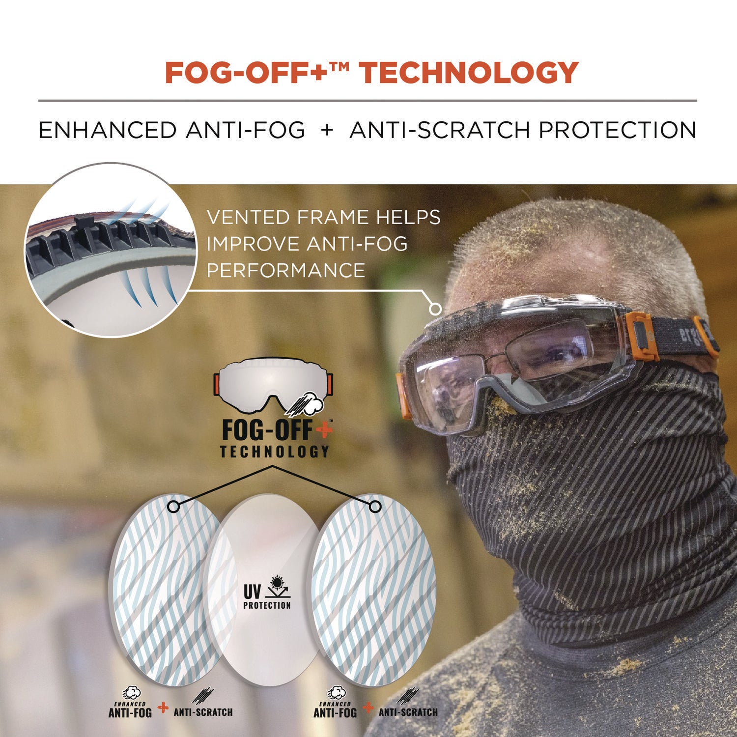 Ergodyne® Skullerz MODI OTG Anti-Scratch and Enhanced Anti-Fog Safety Goggles with Elastic Strap, Clear Lens