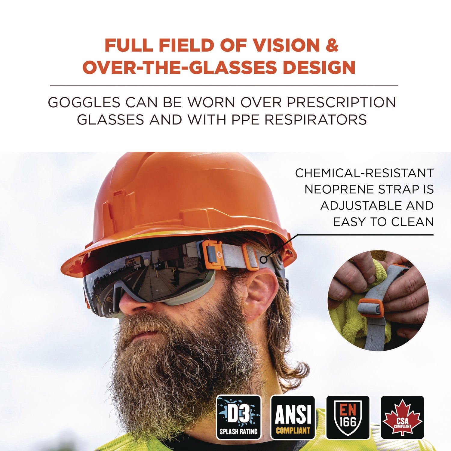 Ergodyne® Skullerz MODI OTG Anti-Scratch and Enhanced Anti-Fog Safety Goggles with Neoprene Strap, Smoke Lens