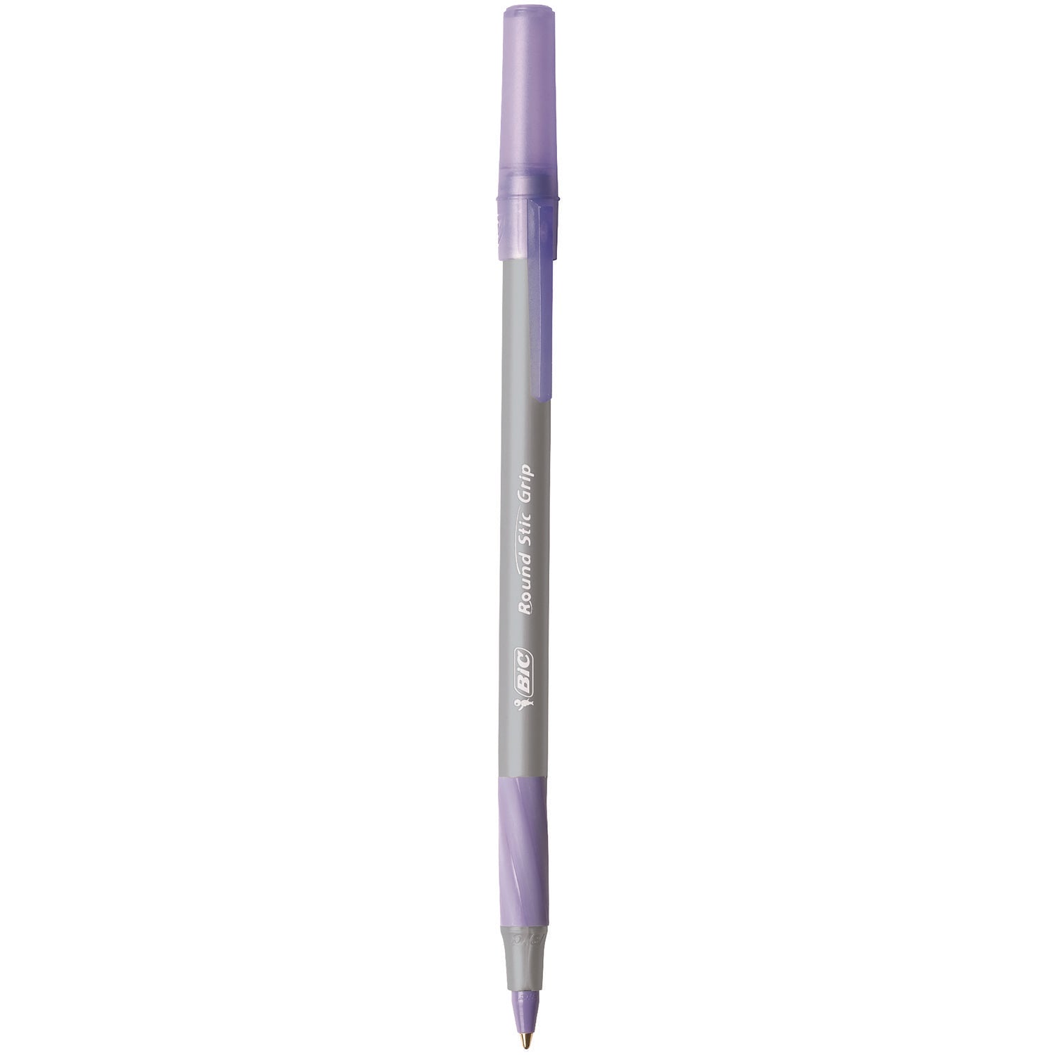 BIC® Round Stic Grip Xtra Comfort Ballpoint Pen, Easy-Glide, Stick, Medium 1.2 mm, Purple Ink, Gray/Purple Barrel, Dozen