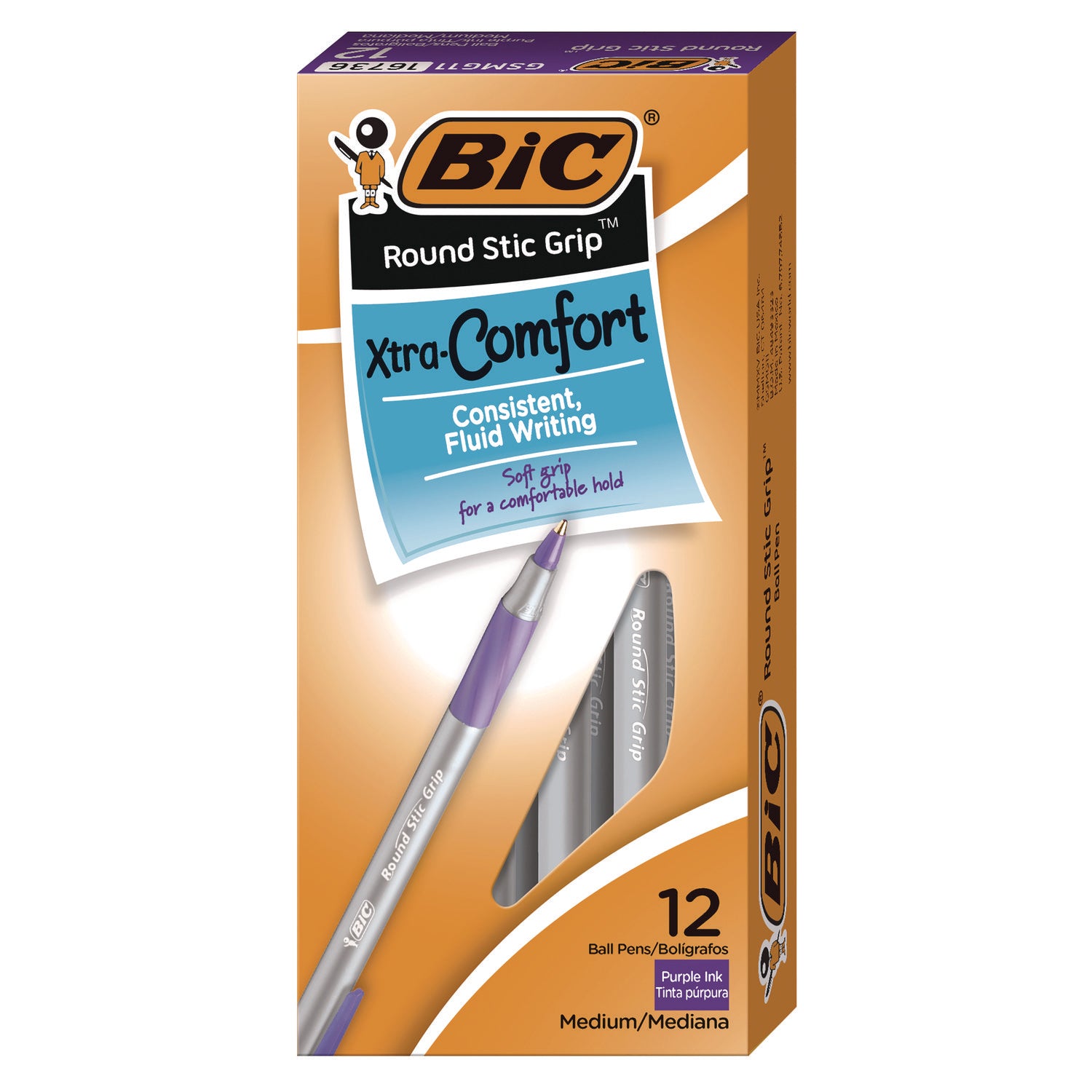 BIC® Round Stic Grip Xtra Comfort Ballpoint Pen, Easy-Glide, Stick, Medium 1.2 mm, Purple Ink, Gray/Purple Barrel, Dozen