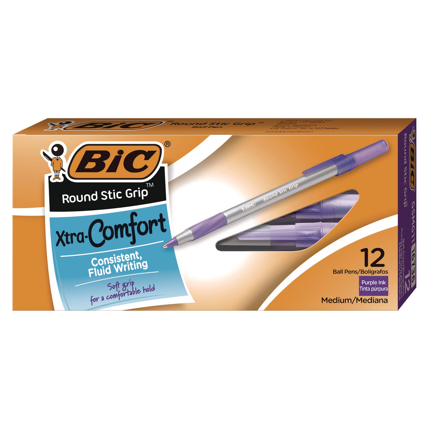 Round Stic Grip Xtra Comfort Ballpoint Pen, Easy-Glide, Stick, Medium 1.2 mm, Purple Ink, Gray/Purple Barrel, Dozen