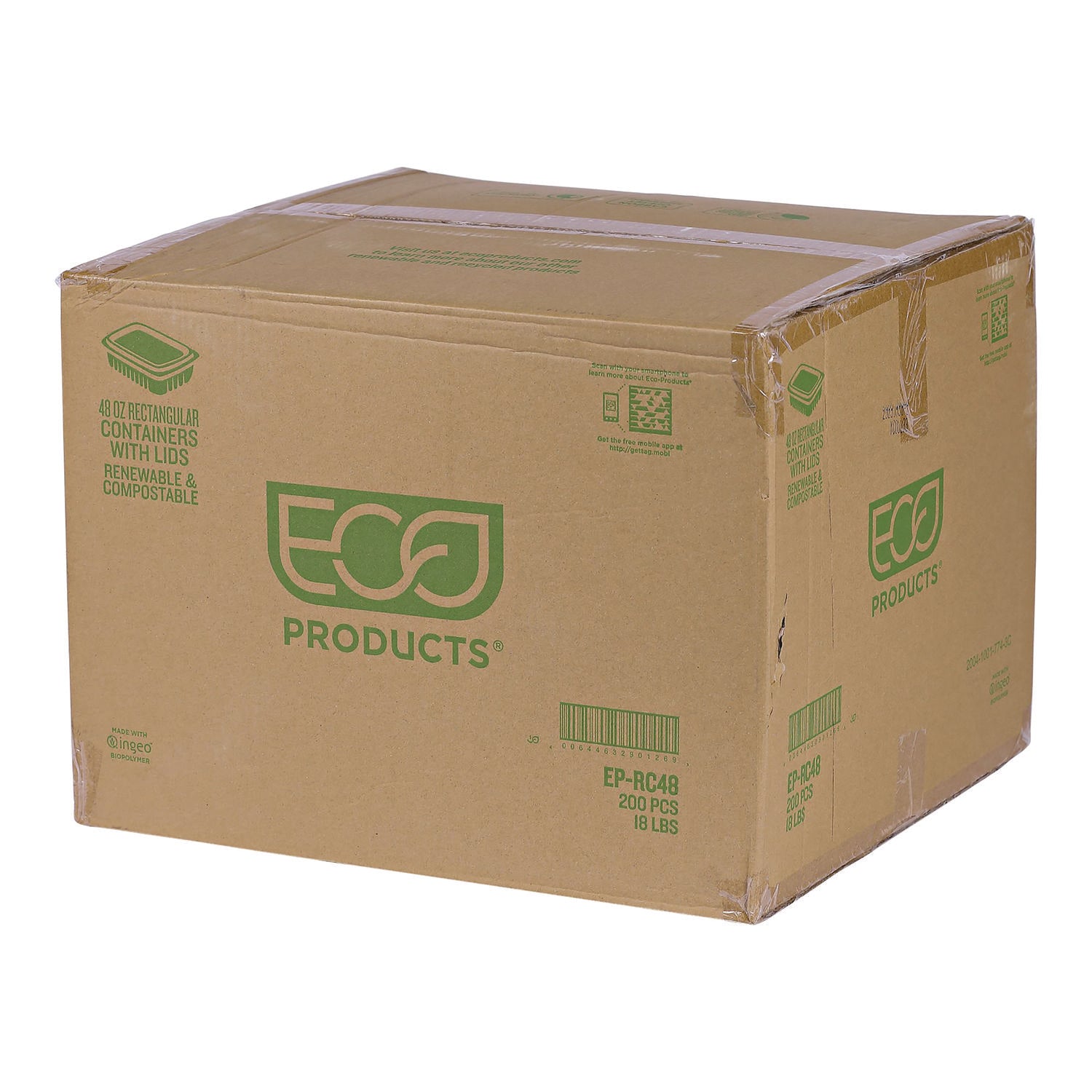 Eco-Products® Renewable and Compostable Rectangular Deli Containers, 48 oz, 8 x 6 x 2, Clear, Plastic, 50/Pack, 4 Packs/Carton