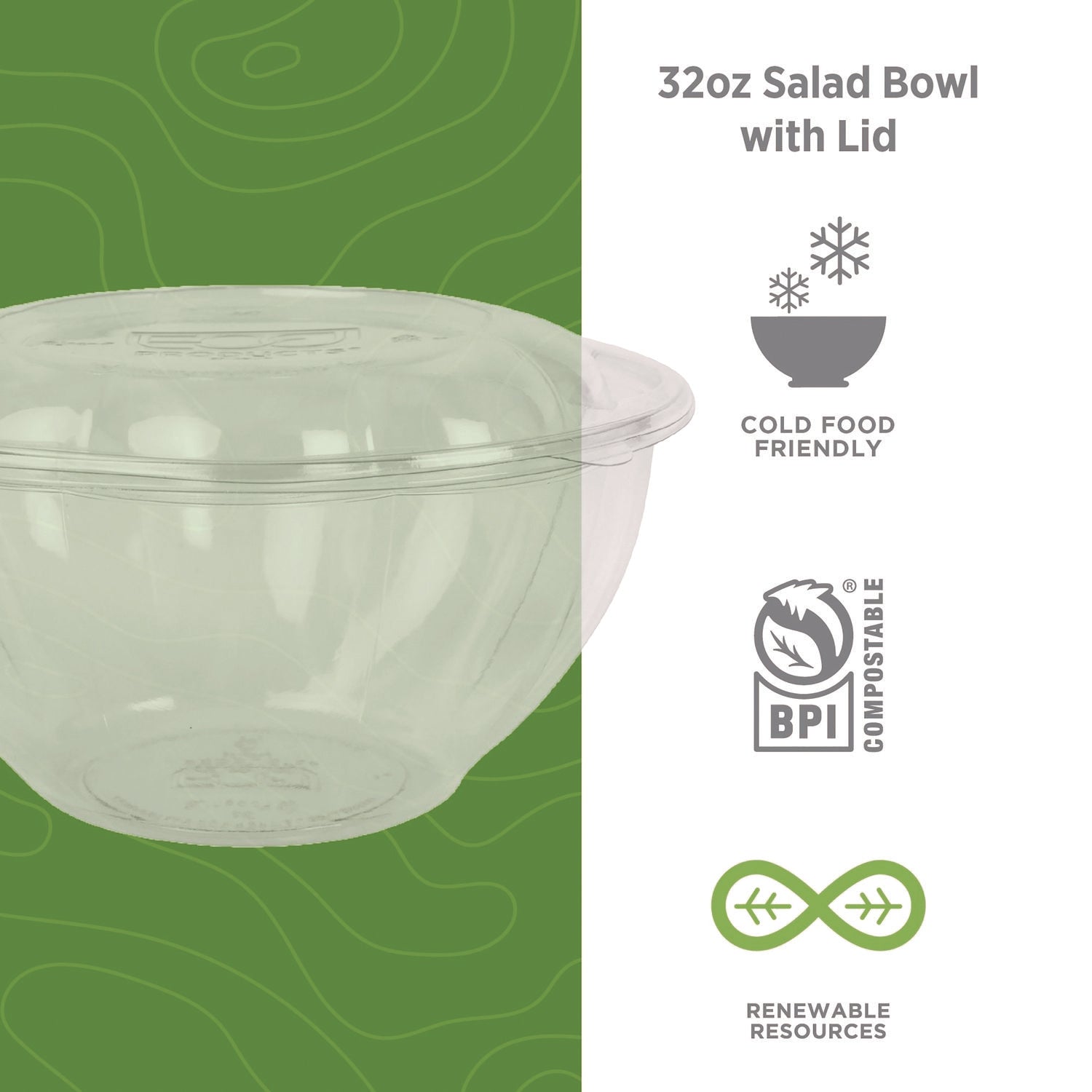 Eco-Products® Renewable and Compostable Salad Bowls with Lids, 32 oz, Clear, Plastic, 50/Pack, 3 Packs/Carton