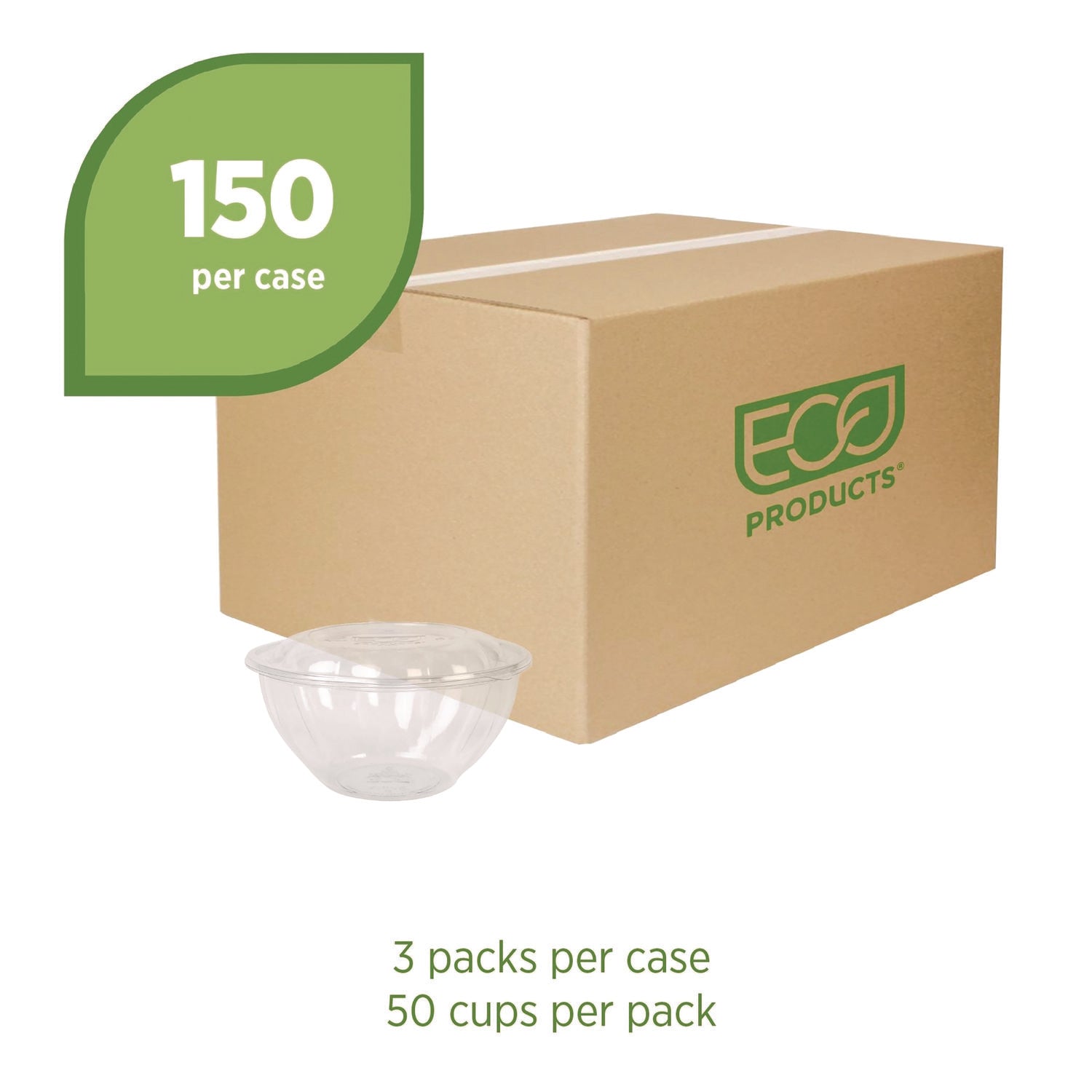 Eco-Products® Renewable and Compostable Salad Bowls with Lids, 32 oz, Clear, Plastic, 50/Pack, 3 Packs/Carton