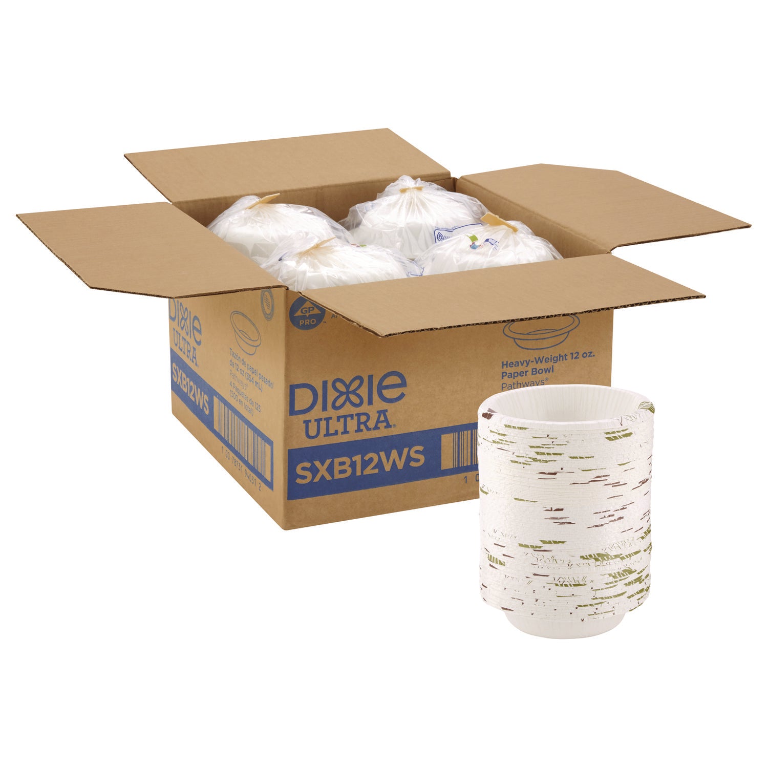 Dixie® Pathways with Soak Proof Shield Heavyweight Paper Bowls, WiseSize, 12 oz, Green/Burgundy, 500/Carton