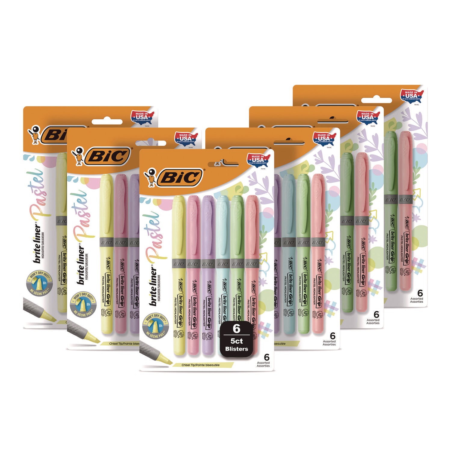 Brite Liner Grip Pocket Highlighter, Assorted Ink Colors, Chisel Tip, Assorted Barrel Colors, 6/Set, 6 Sets/Pack