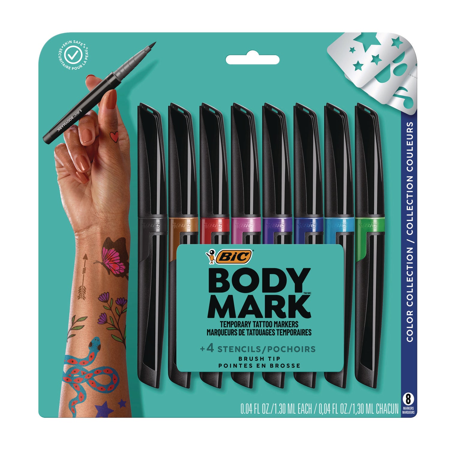 BodyMark Temporary Tattoo Markers, Fine Brush Tip, Assorted Colors, 8/Pack