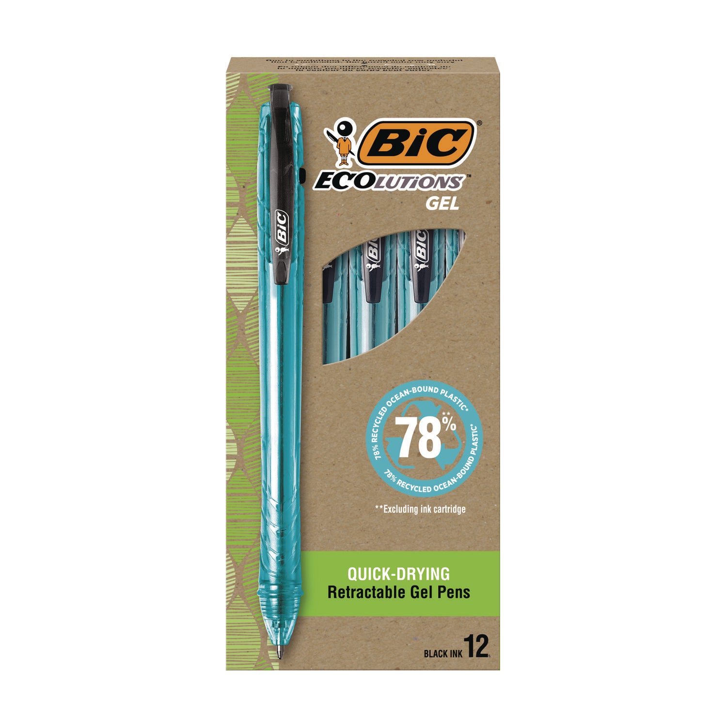 Ecolutions Gel Pen, Retractable, Medium 1 mm, Black Ink, Blue Barrel, 12/Pack