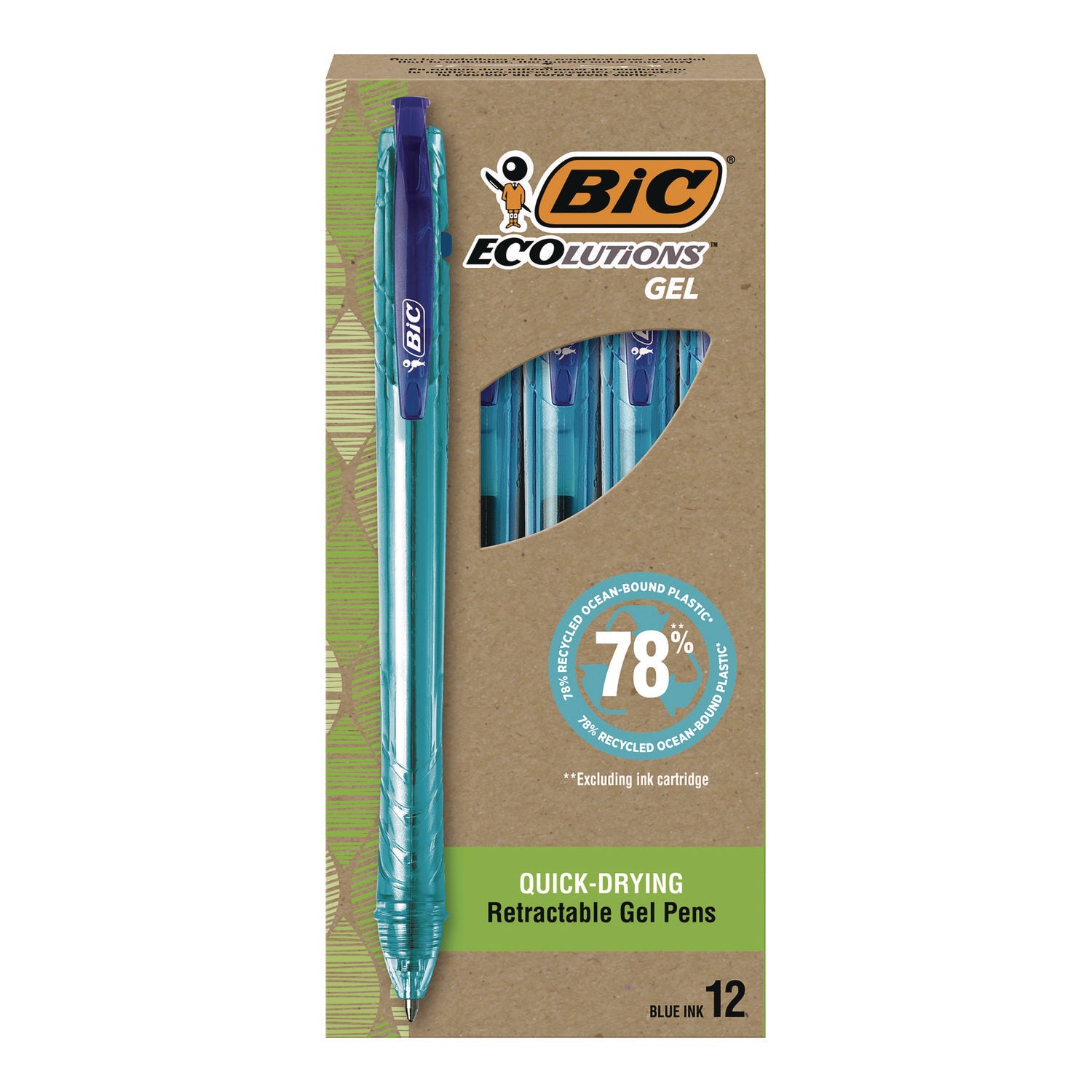 Ecolutions Gel Pen, Retractable, Medium 1 mm, Blue Ink, Blue Barrel, 12/Pack