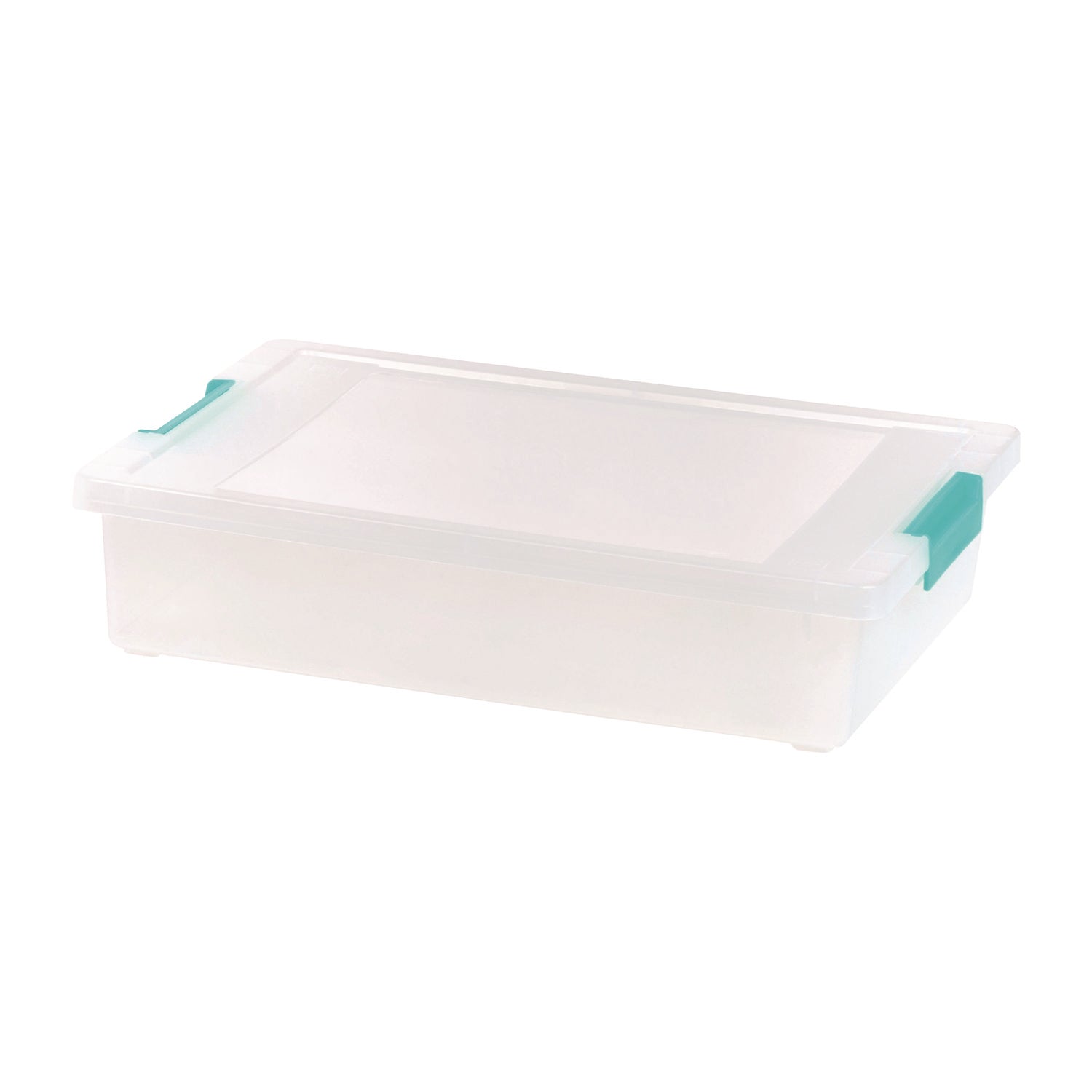 Latch Lid Storage Box, 2.3 gal, 14 x 11 x 3.5, Clear Bin/Seafoam Latches