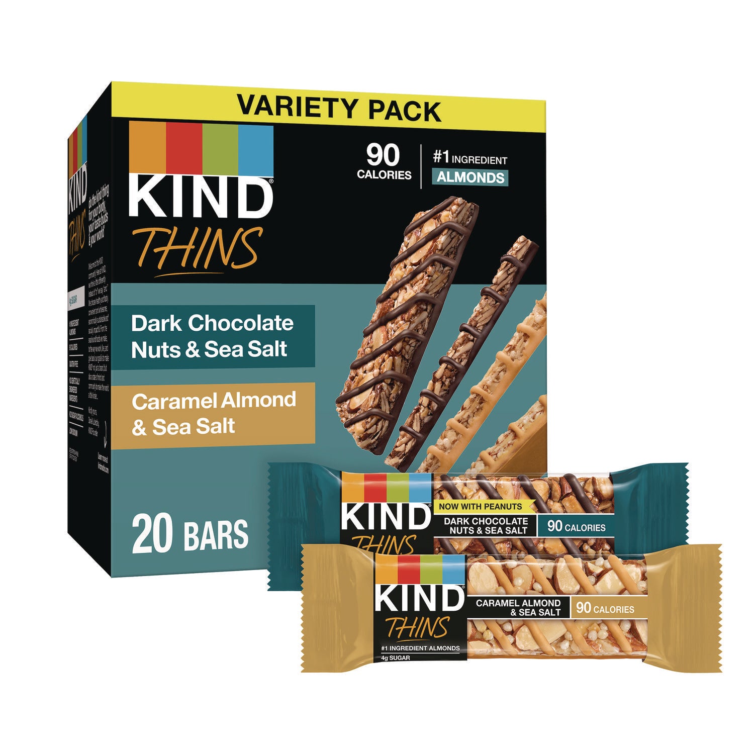 KIND Thins Bar Variety Pack, Caramel Almond and Sea Salt; Dark Chocolate Nuts and Sea Salt, 0.74 oz, 20/Box