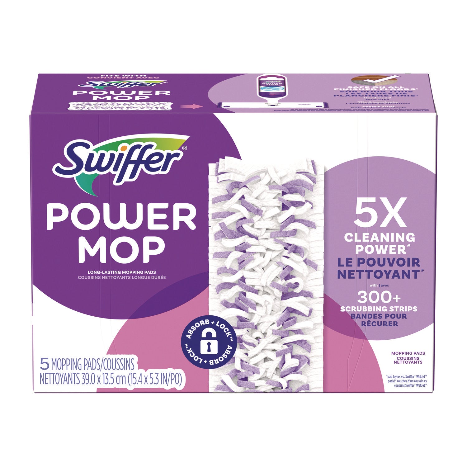 PowerMop Mopping Pads, 5.3 x 15.4, White/Purple, 5 Pads/Box