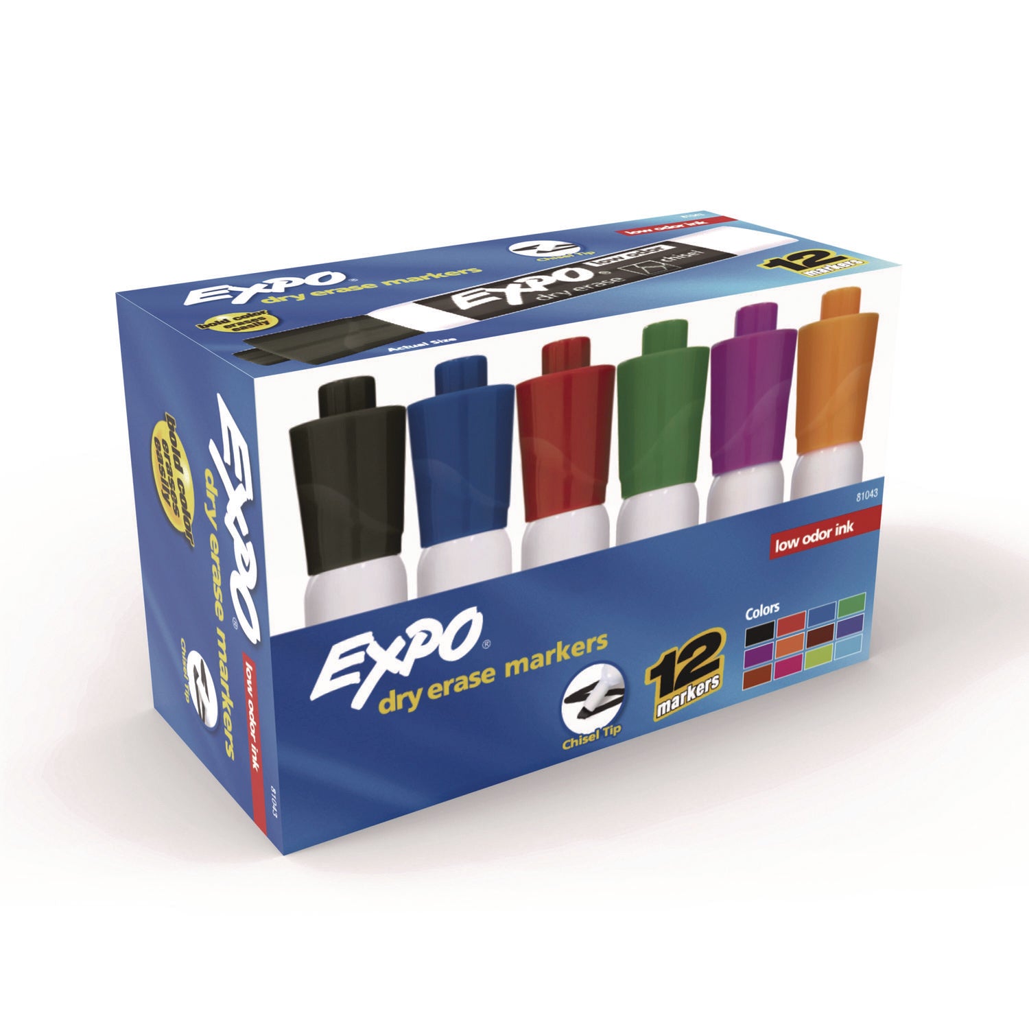 Low-Odor Dry-Erase Marker, Broad Chisel Tip, Assorted Colors, 12/Box