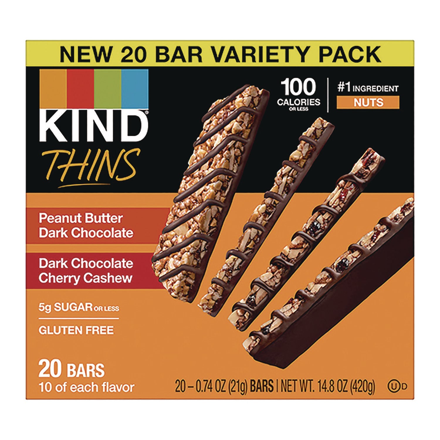 KIND Thins Bar Variety Pack, Dark Chocolate Cherry Cashew; Peanut Butter Dark Chocolate, 0.74 oz, 20/Box