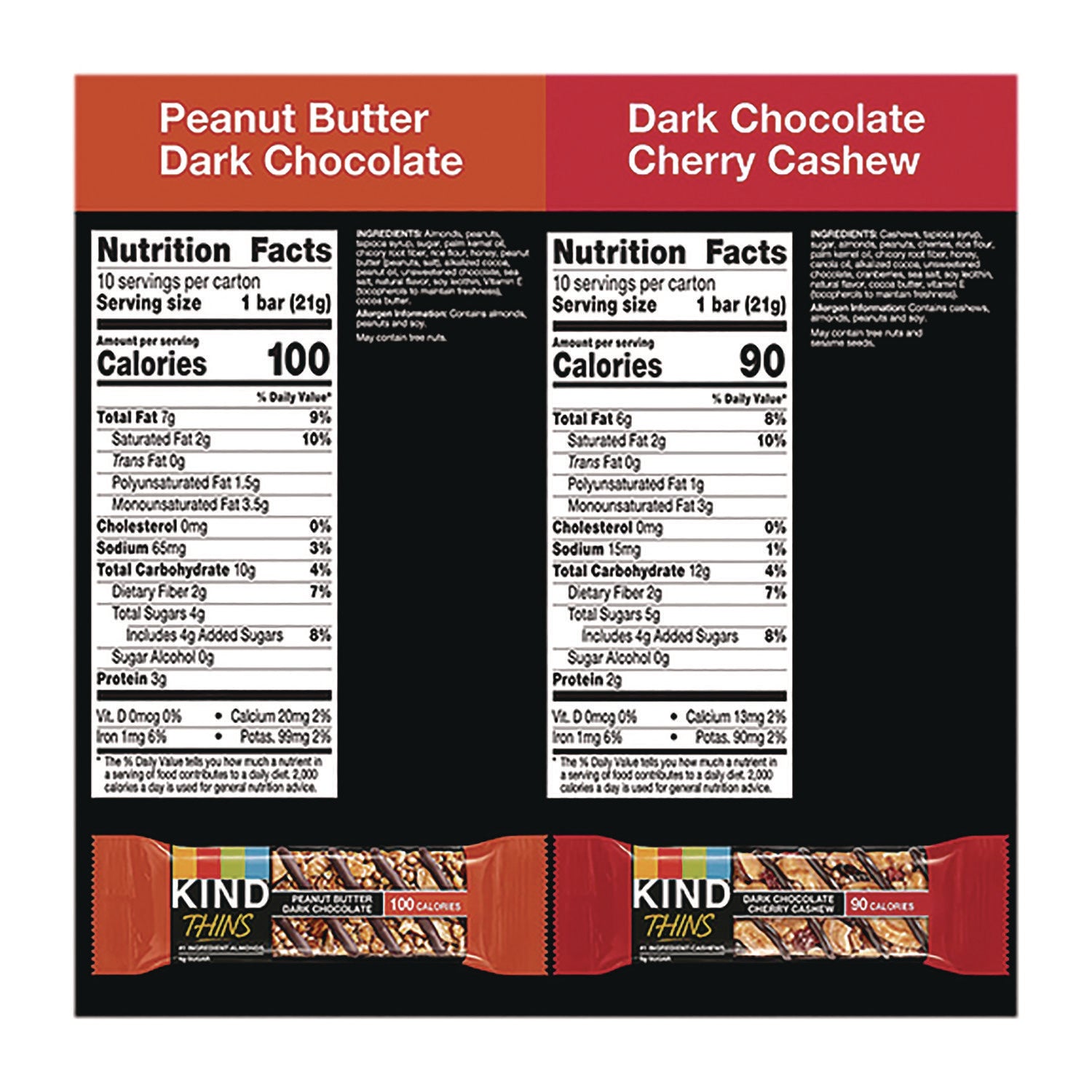 KIND Thins Bar Variety Pack, Dark Chocolate Cherry Cashew; Peanut Butter Dark Chocolate, 0.74 oz, 20/Box