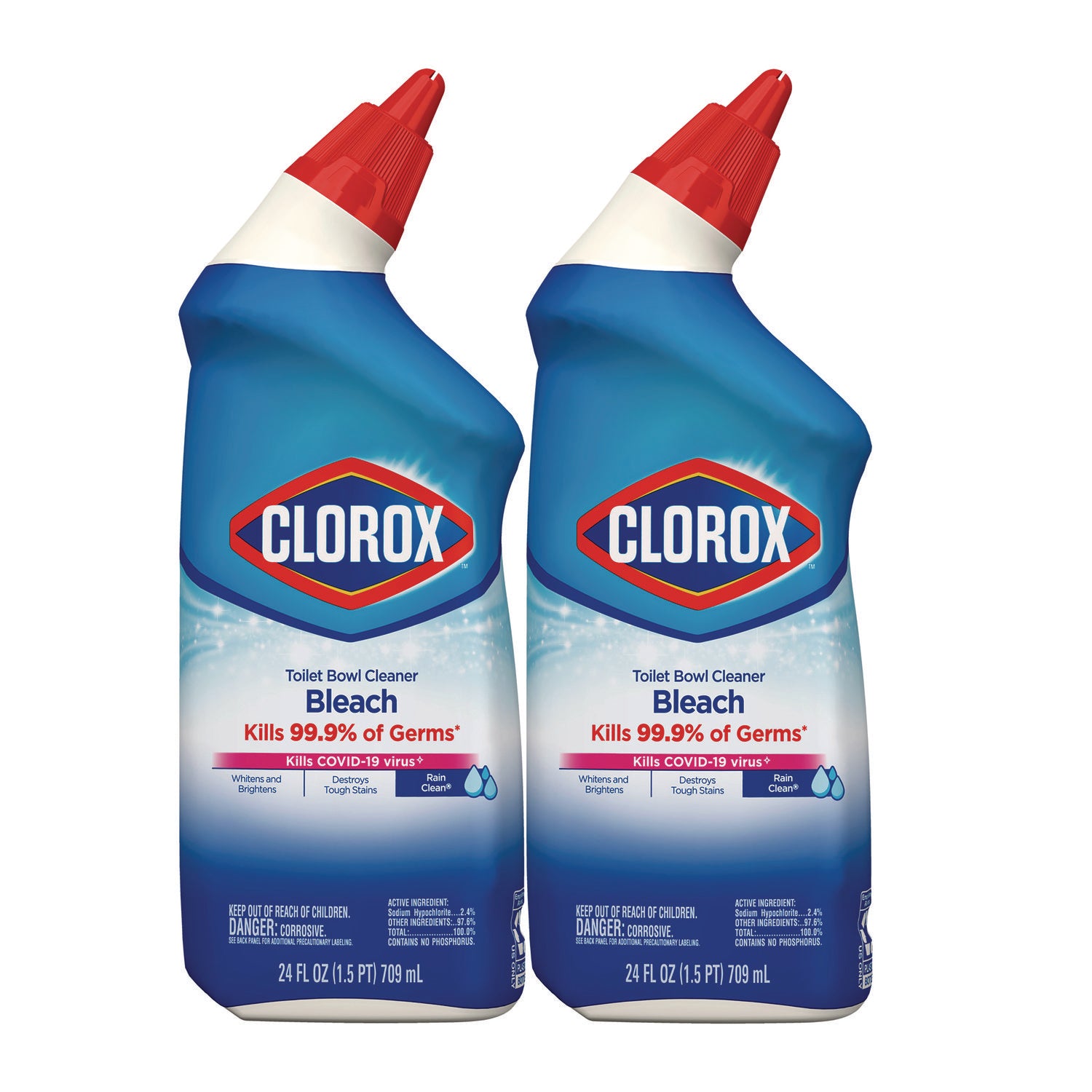 Disinfecting Toilet Bowl Cleaner with Bleach, Rain Clean Scent, 24 oz Bottle, 2/Pack