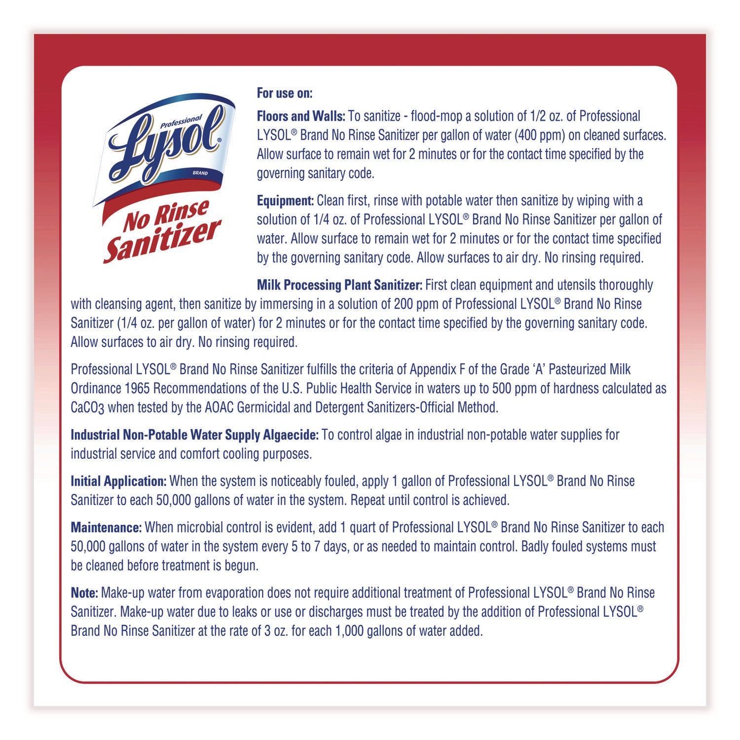 Professional LYSOL® Brand No Rinse Sanitizer Concentrate, 1 gal Bottle, 4/Carton