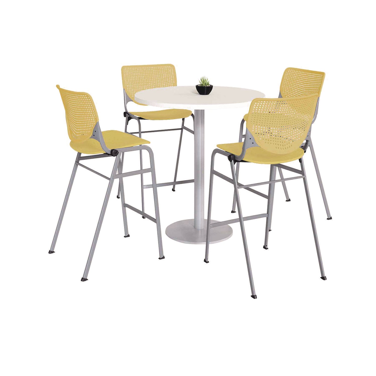 Pedestal Bistro Table with Four Yellow Kool Series Barstools, Round, 36"Dia x 41h, Designer White