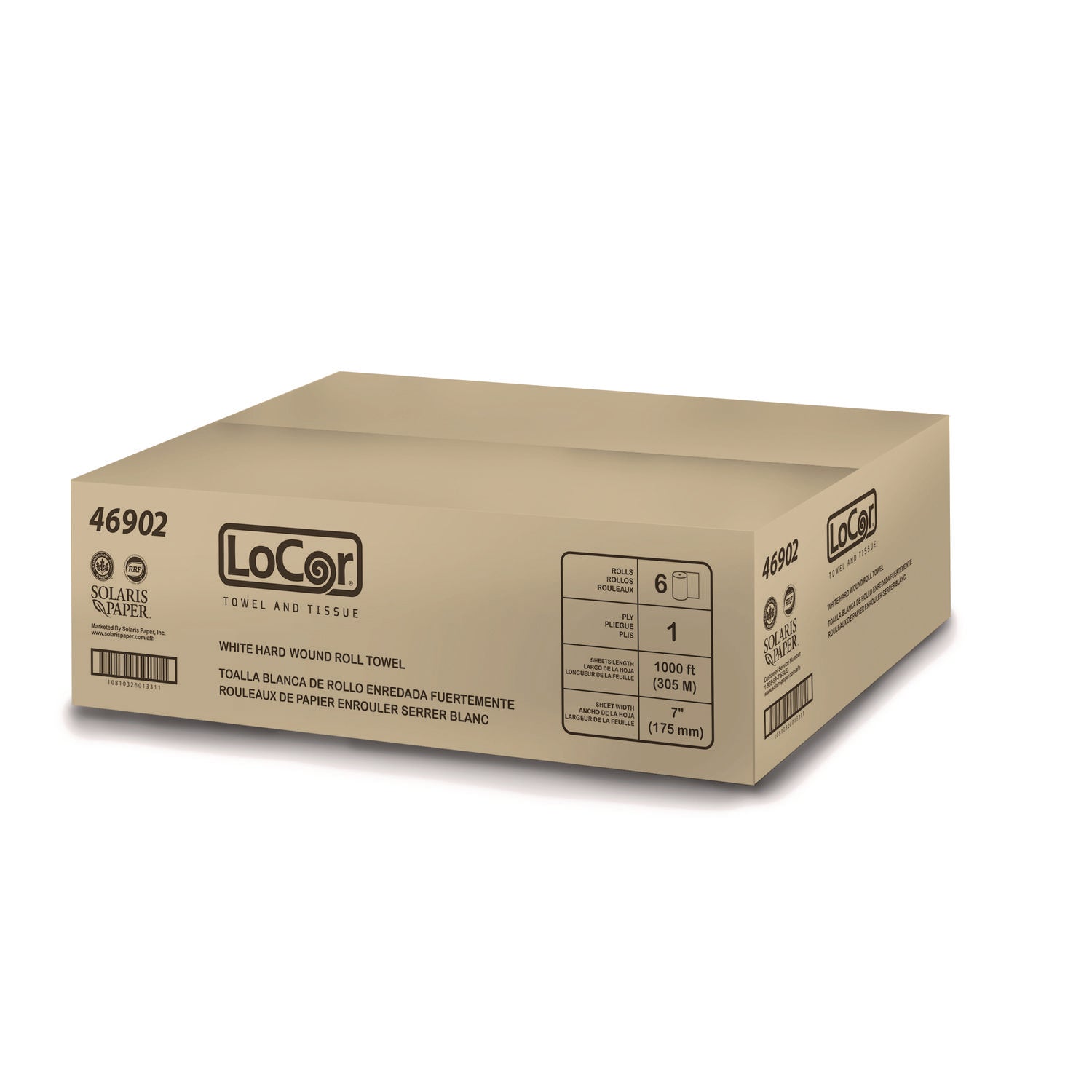 LoCor® Hard Wound Roll Towel. 1-Ply, 7” x 1,000 ft, White, 6 Rolls/Carton