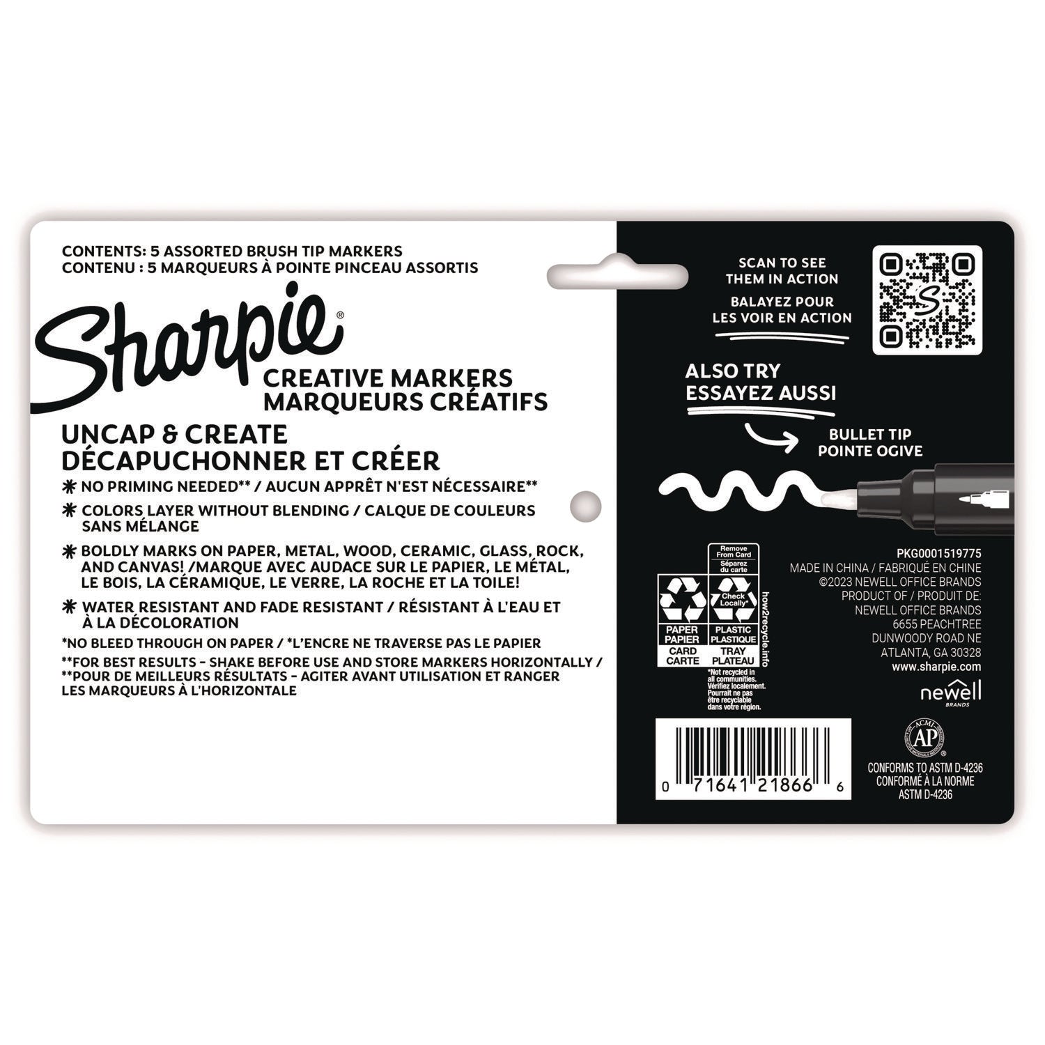 Sharpie® Creative Markers, Fine Brush Tip, Assorted Colors, 5/Pack