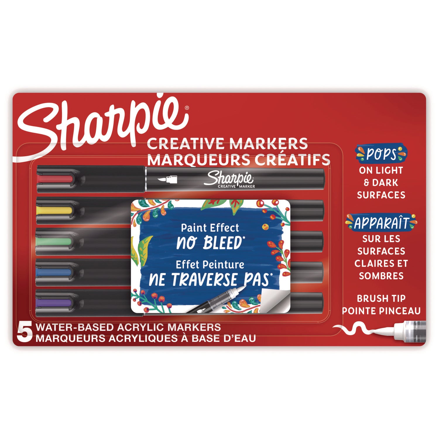 Creative Markers, Fine Brush Tip, Assorted Colors, 5/Pack