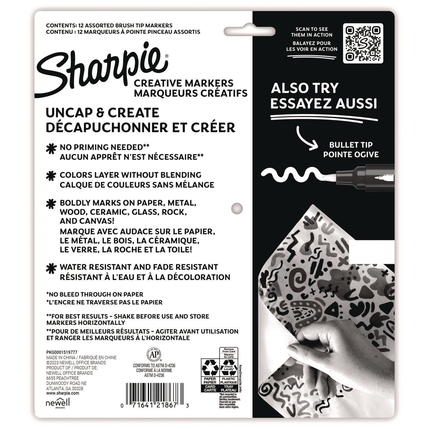 Sharpie® Creative Markers, Fine Brush Tip, Assorted Colors, 12/Pack